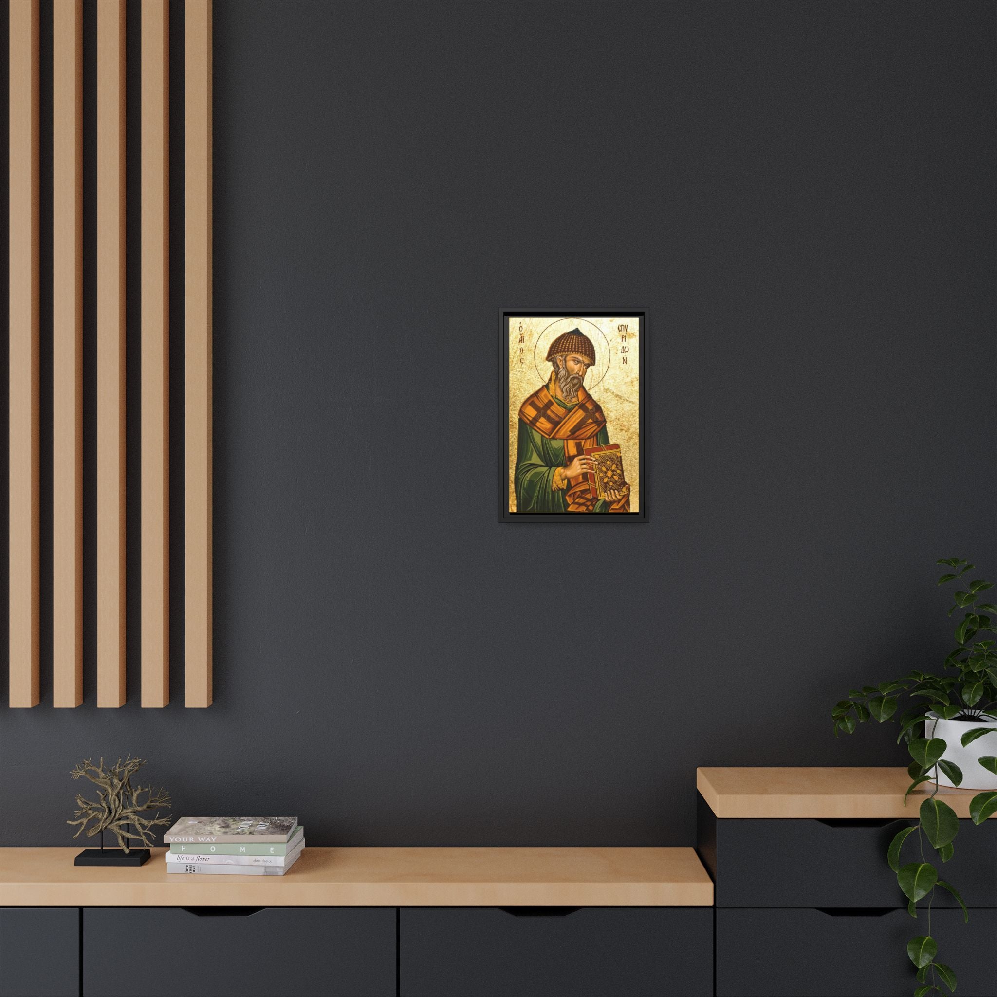 Framed canvas icon of Saint Spyridon of Trimythous, traditional Orthodox Christian artwork