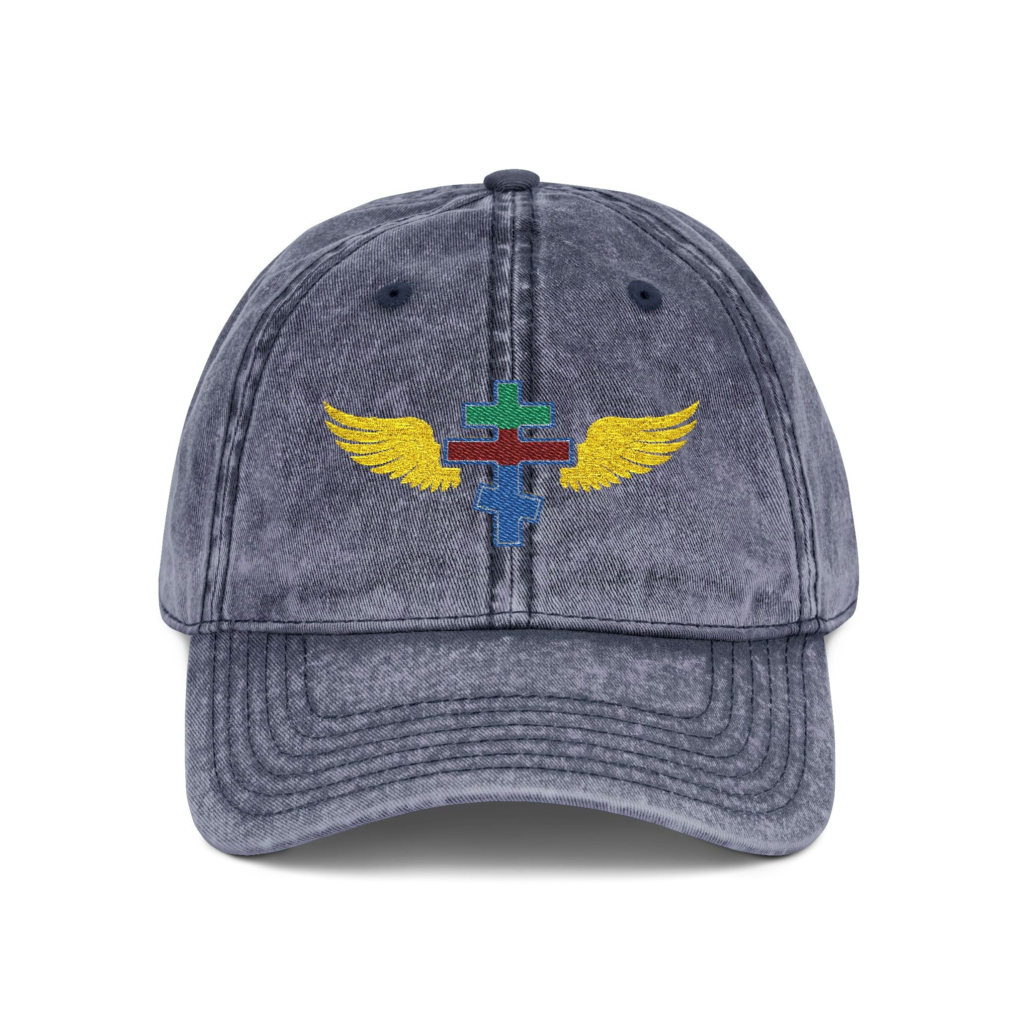 Eritrean Orthodox cross with wings embroidered on vintage cotton twill cap -- additional view 3