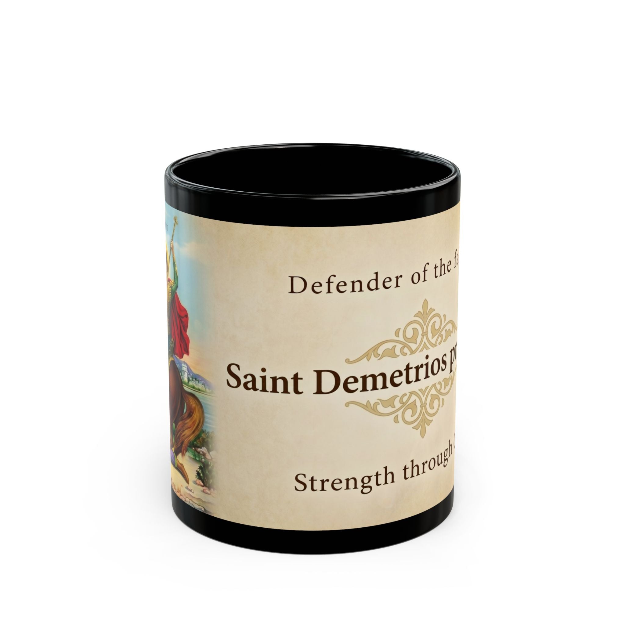 Saint Demetrios the Myrrh-Streaming Orthodox Christian Black Coffee Mug — Orthodox Christian Mug