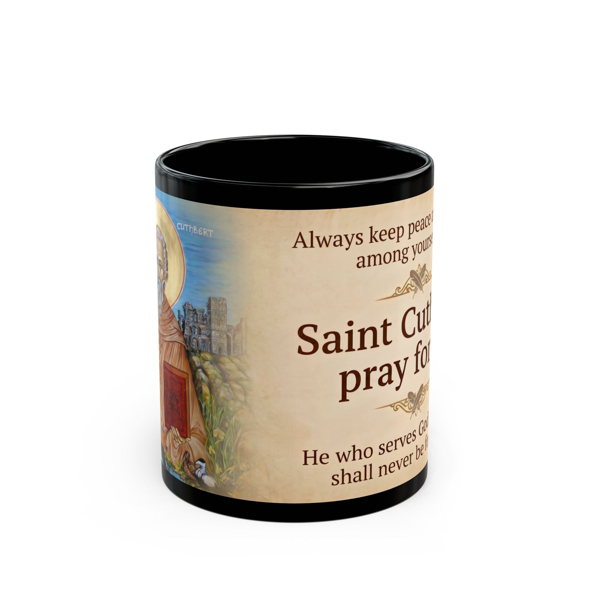 Saint Cuthbert of Lindisfarne Black Coffee Mug