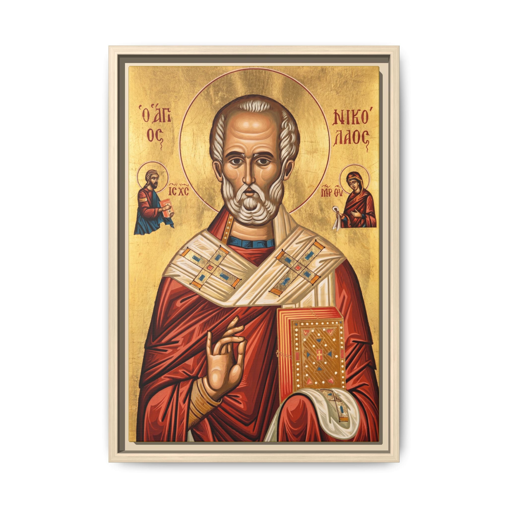 Framed canvas icon of Saint Nicholas the Wonderworker, traditional Orthodox Christian artwork