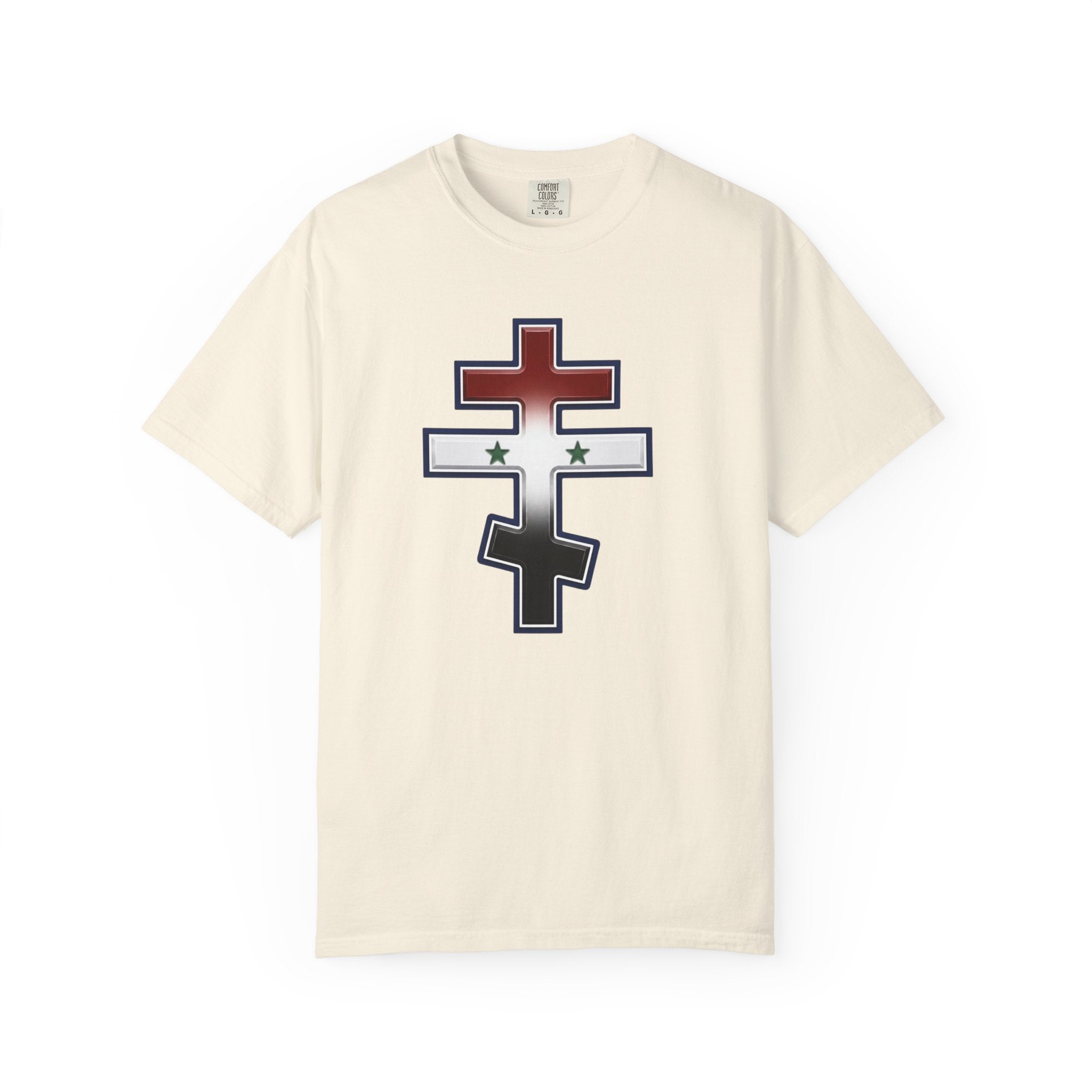 Syrian Orthodox Cross design on a heavyweight garment-dyed t-shirt