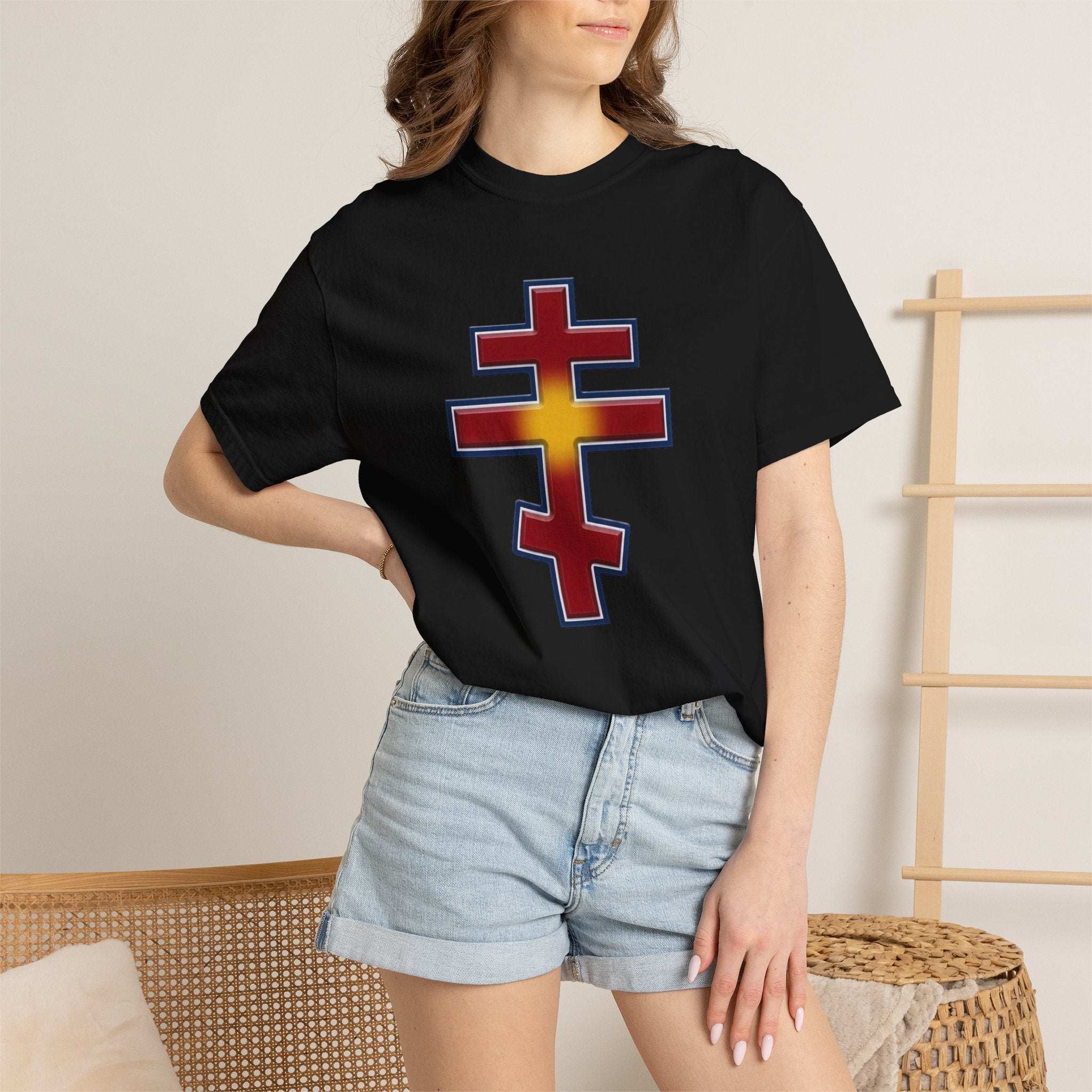 North Macedonian Orthodox Cross design on a heavyweight garment-dyed t-shirt