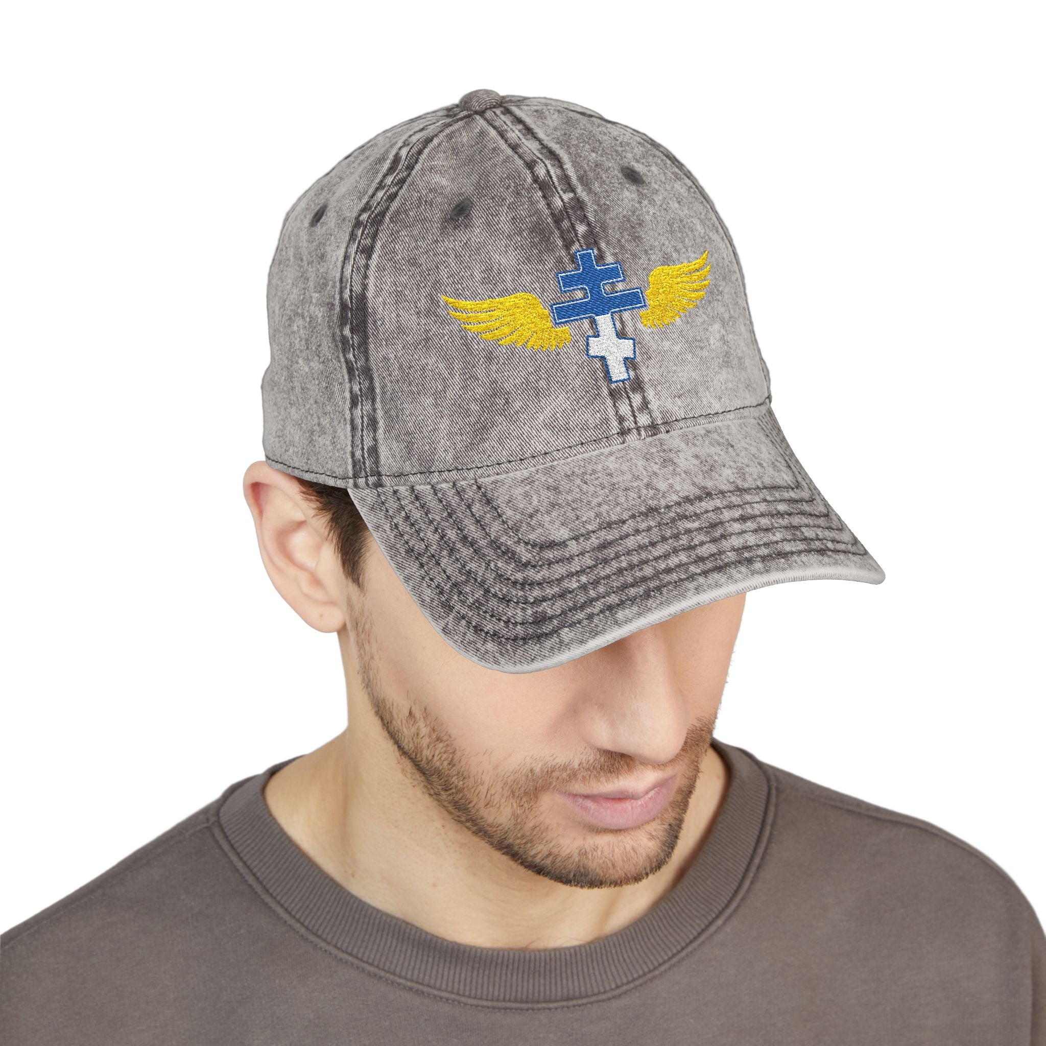 Greek Orthodox cross with wings embroidered on vintage cotton twill cap -- additional view 7