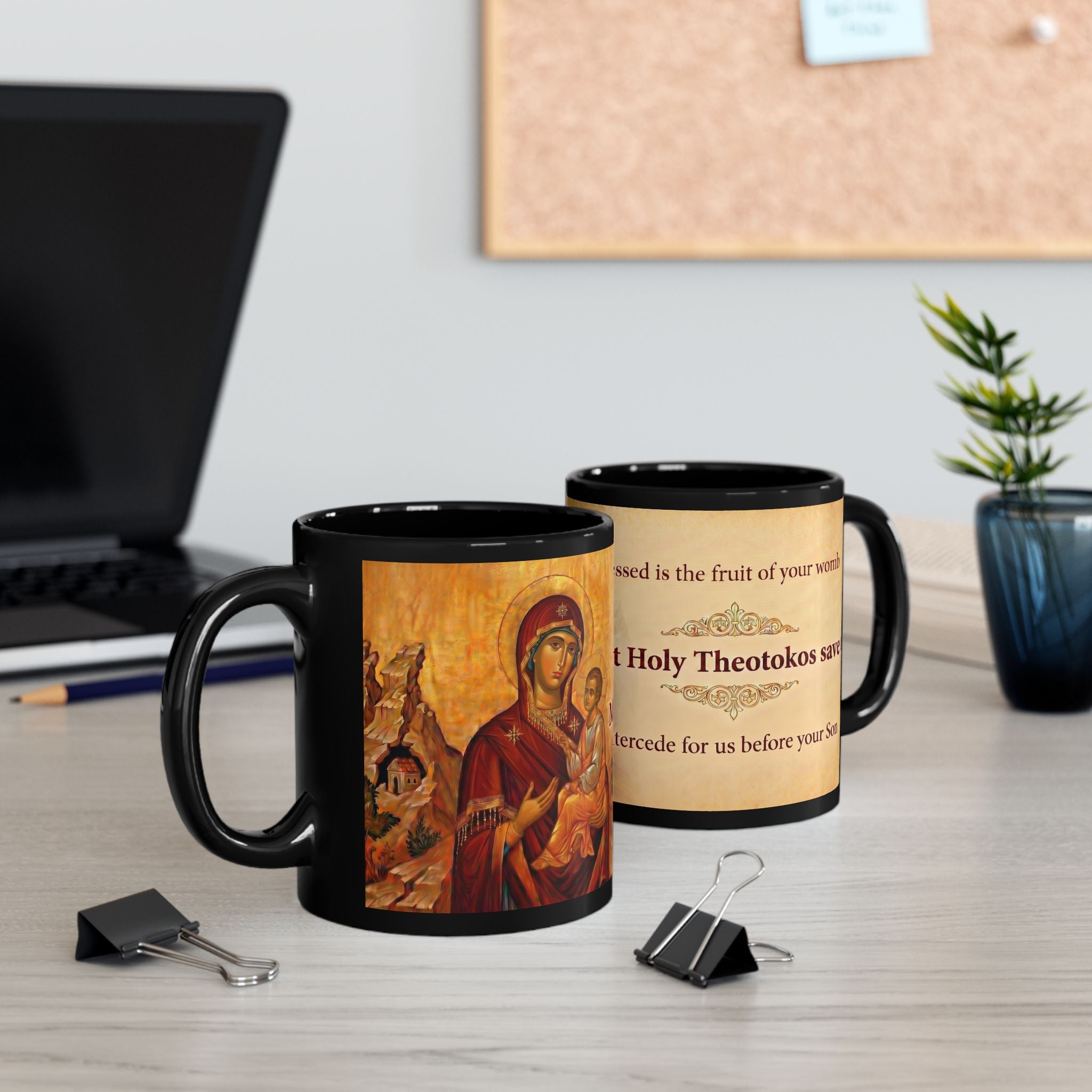 Theotokos of Tikhvin Orthodox Christian Black Coffee Mug — Christian Gift Idea