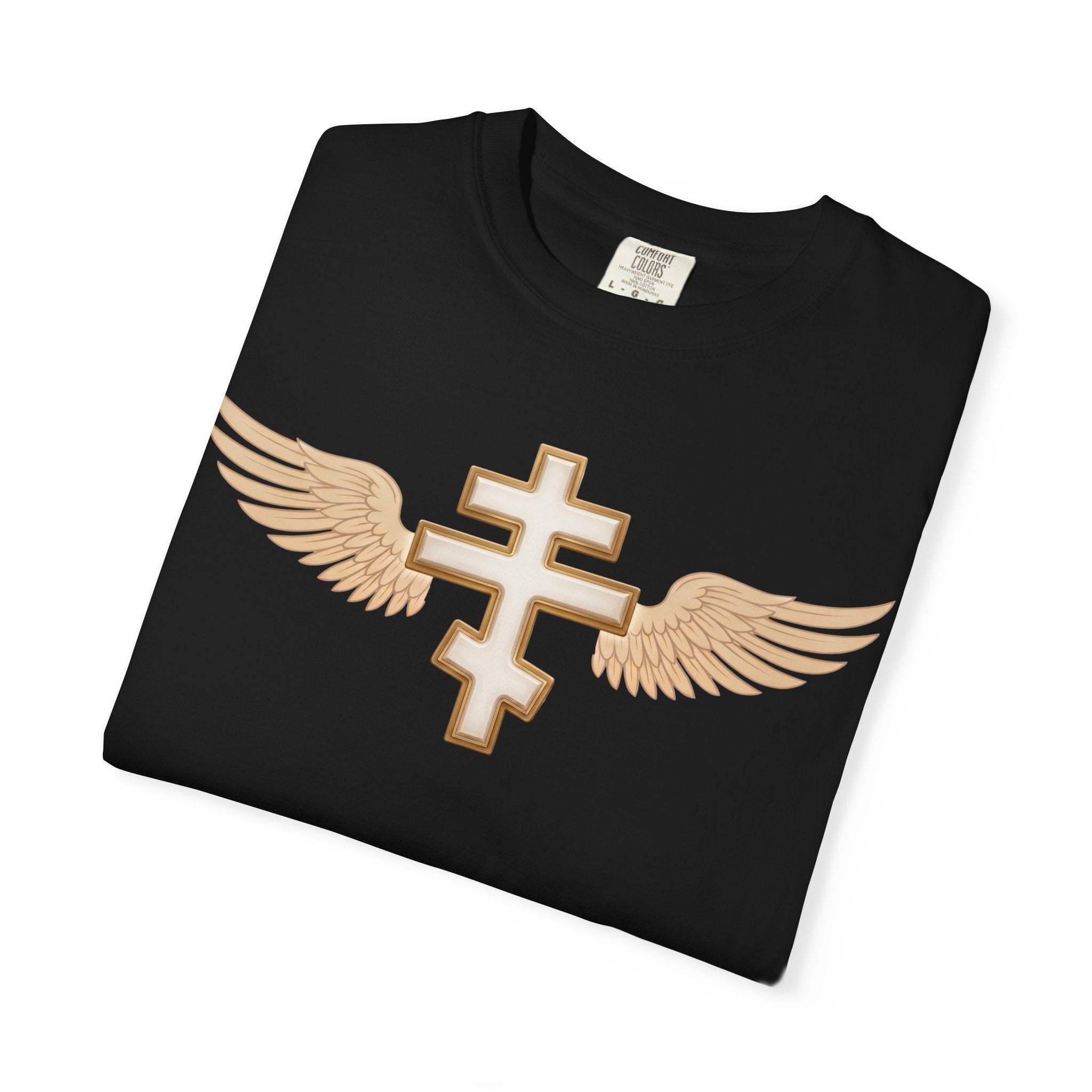 Classic white winged classic Orthodox cross design on a heavyweight garment-dyed t-shirt