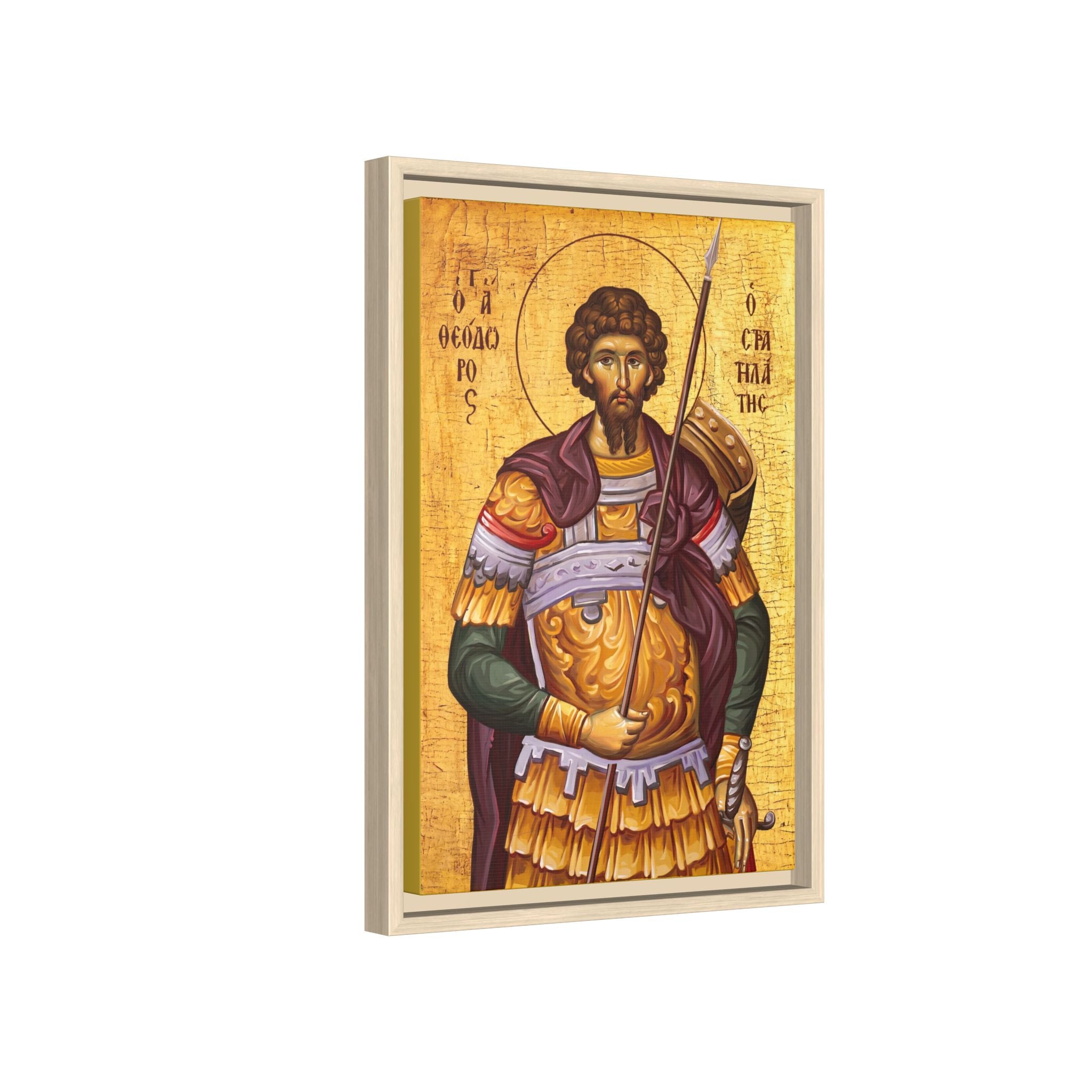 Framed canvas icon of Saint Theodore Stratelates, traditional Orthodox Christian artwork