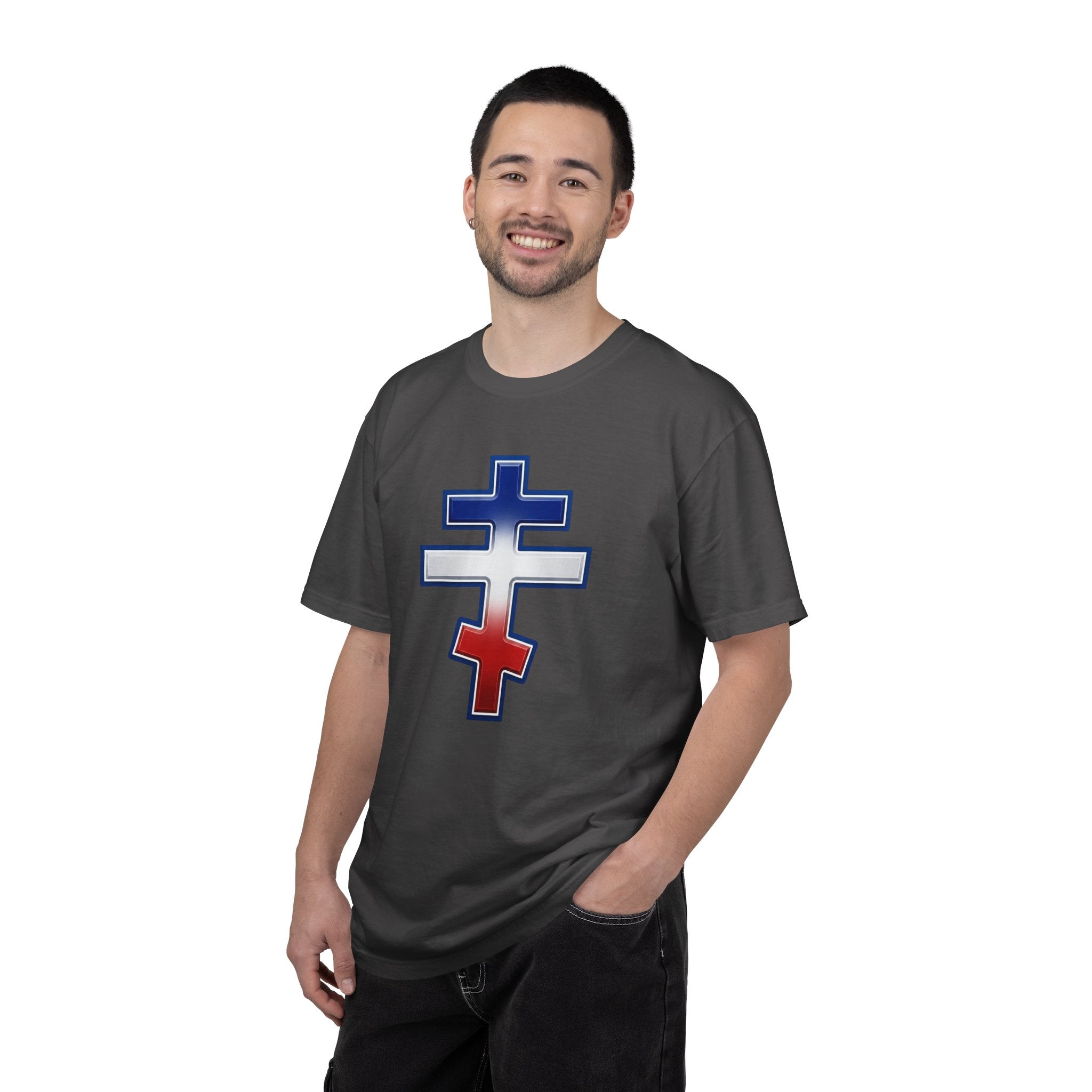 French Orthodox Cross design on a heavyweight garment-dyed t-shirt