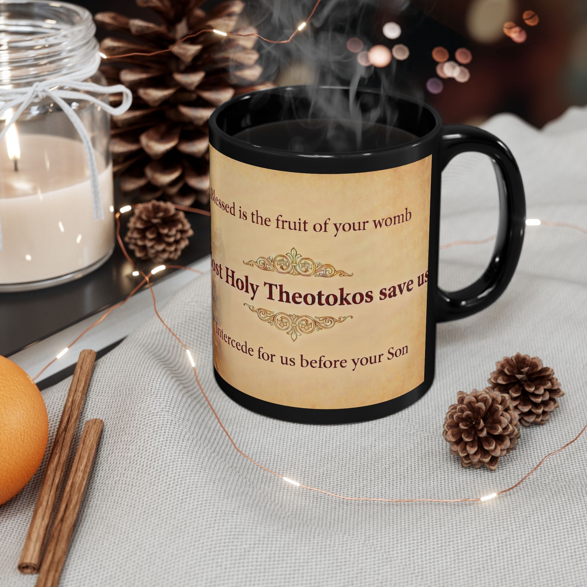 Theotokos of Tikhvin Orthodox Christian Black Coffee Mug — Orthodox Coffee Mug
