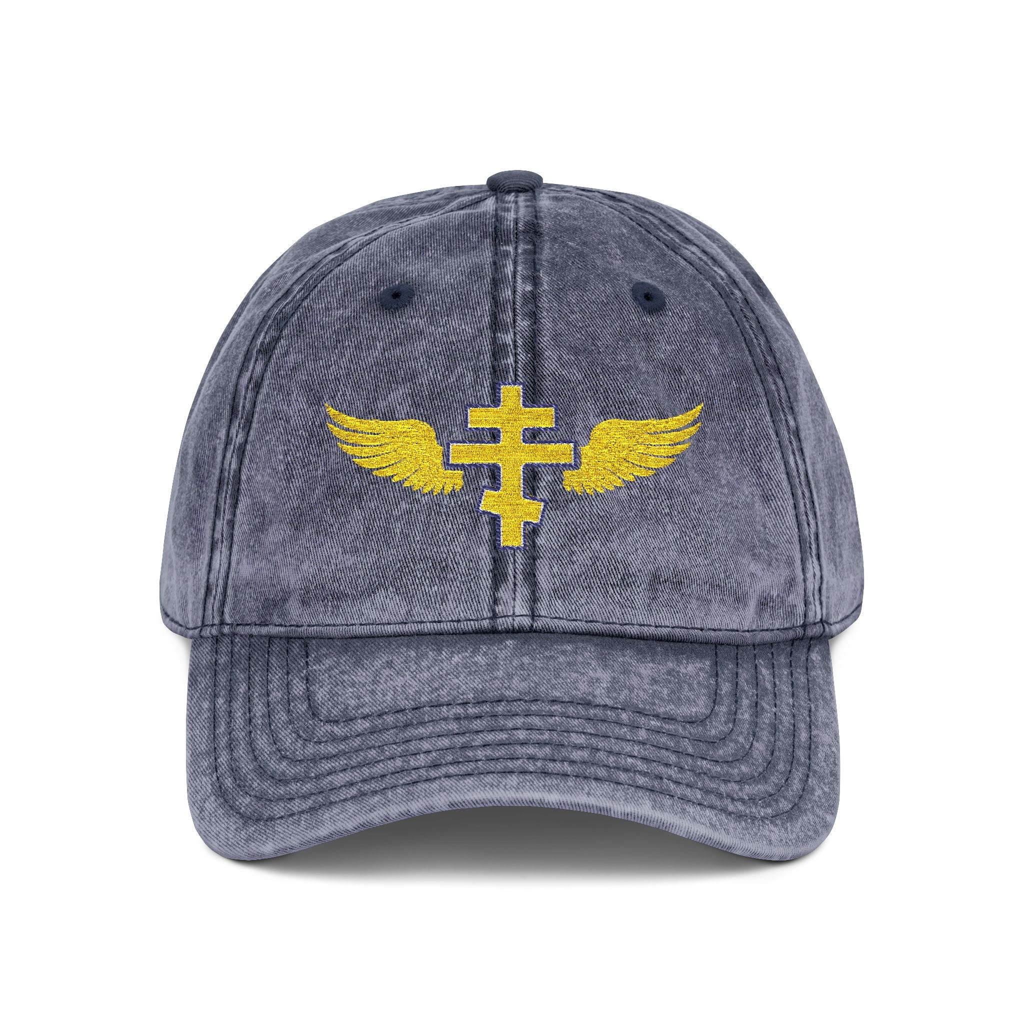 Cypriot Orthodox cross with wings embroidered on vintage cotton twill cap -- additional view 3
