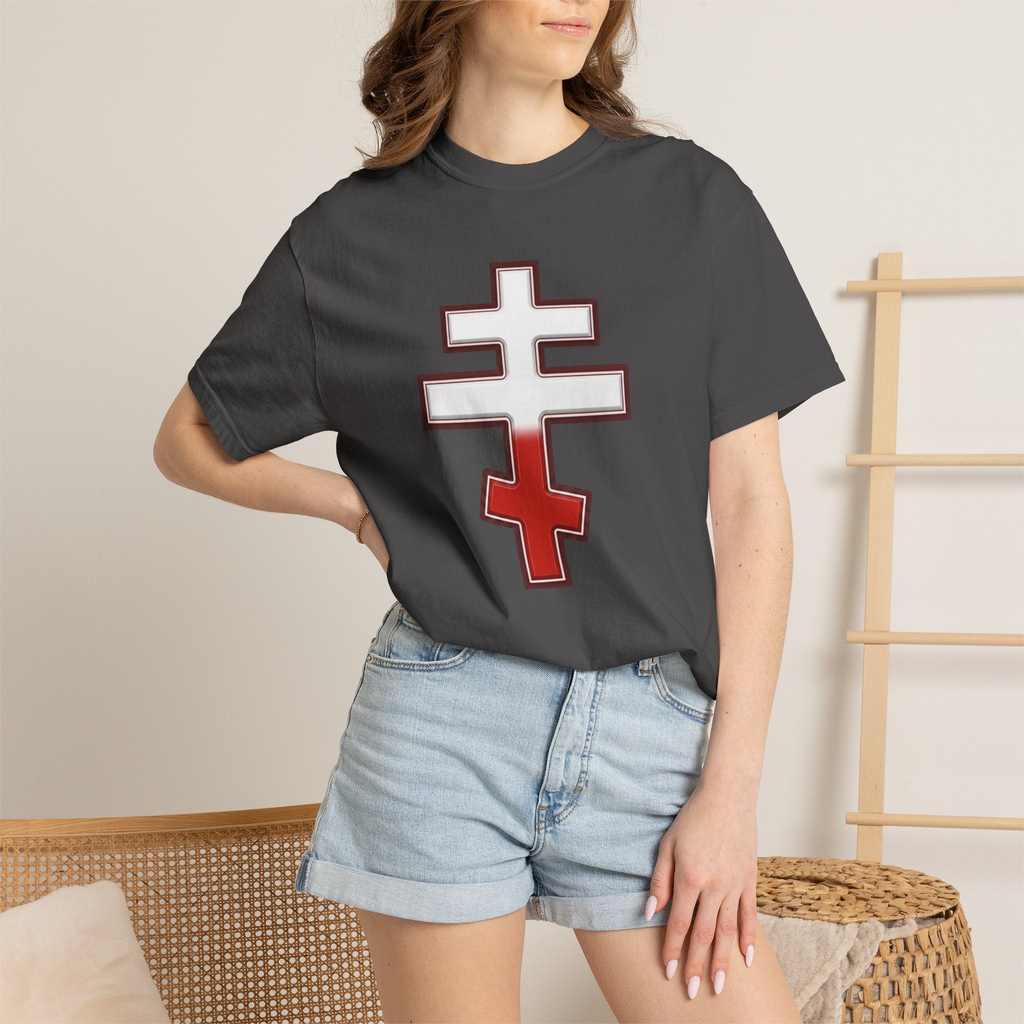 Polish Orthodox Cross design on a heavyweight garment-dyed t-shirt