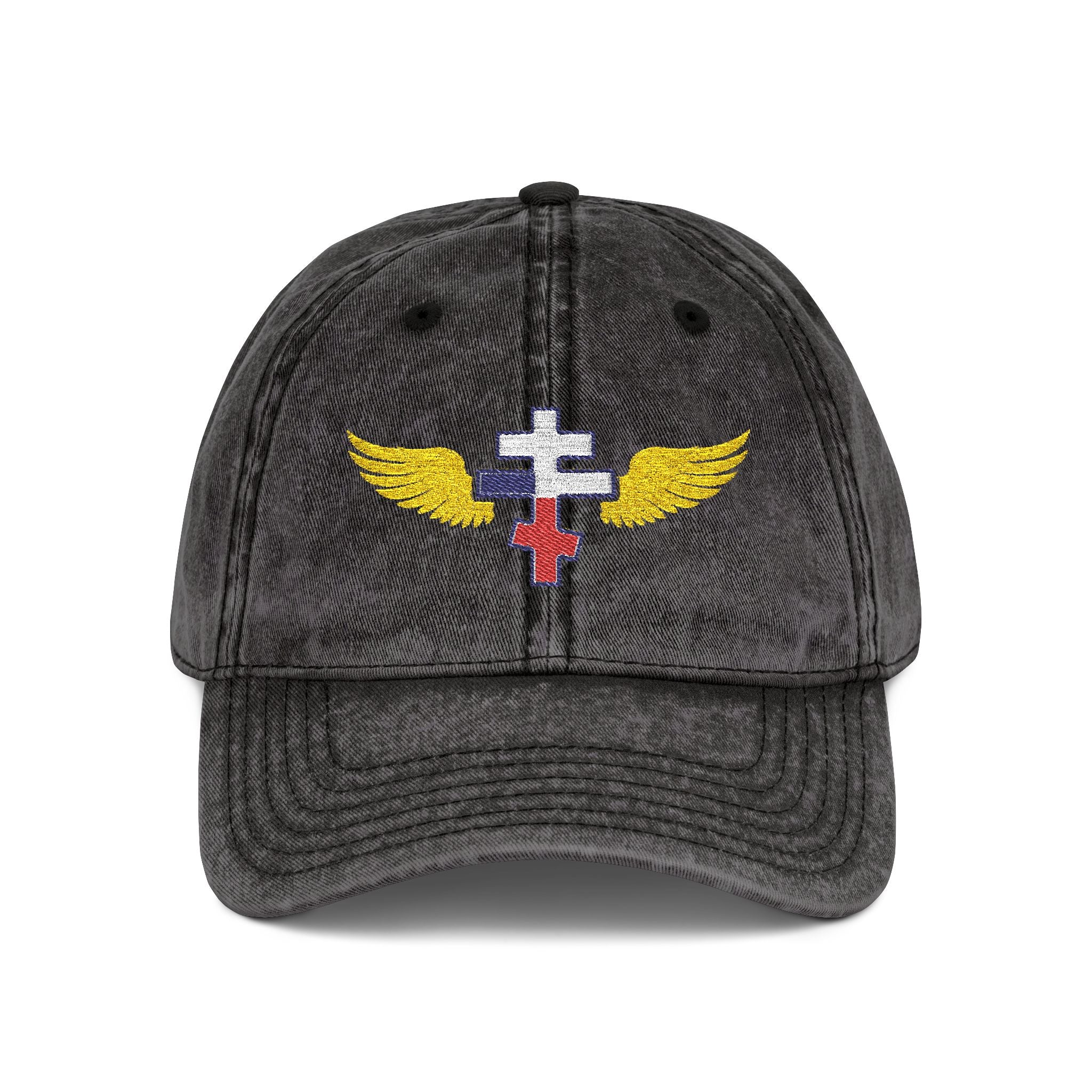 Czech Orthodox cross with wings embroidered on vintage cotton twill cap