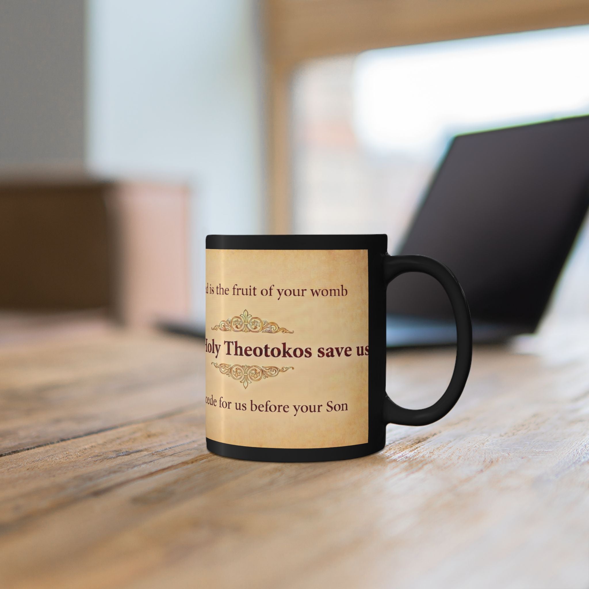 Theotokos of Tikhvin Orthodox Christian Black Coffee Mug — Orthodox Mug Gift
