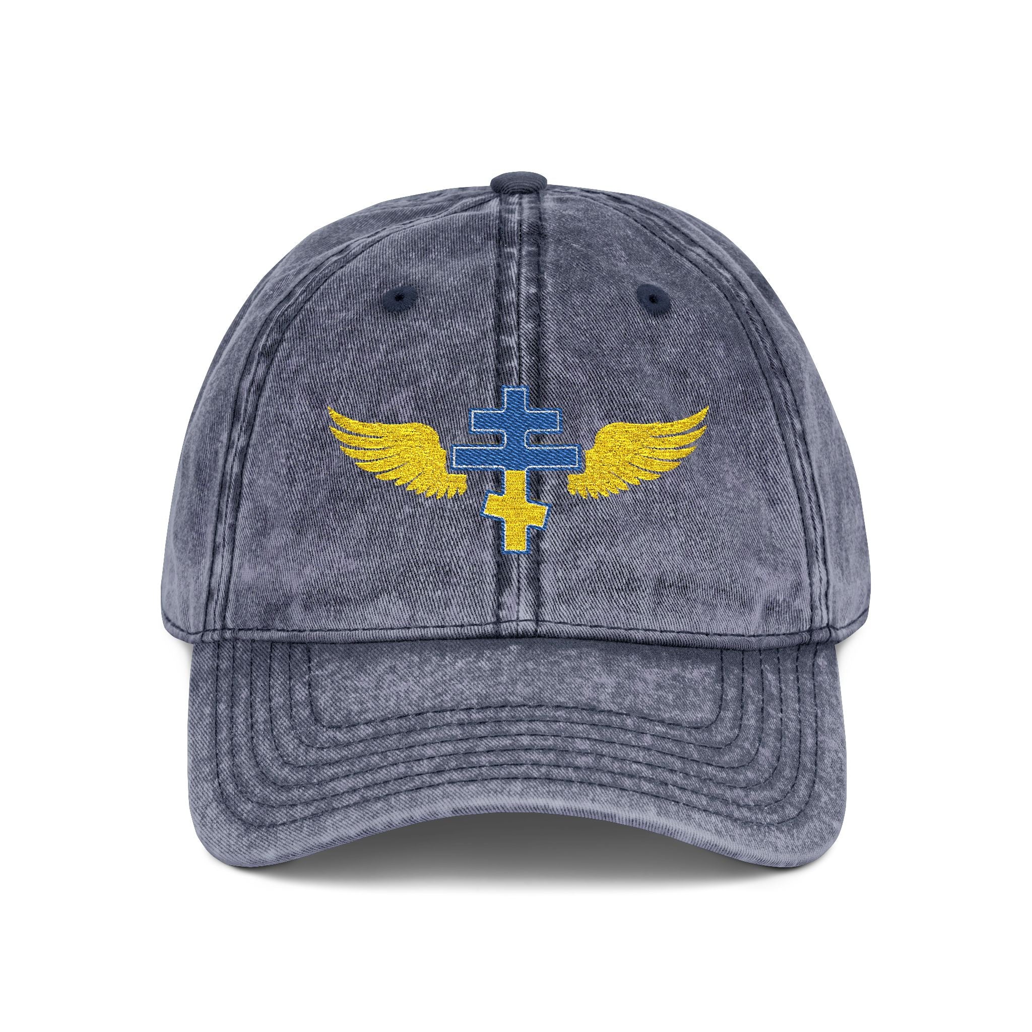 Ukrainian Orthodox cross with wings embroidered on vintage cotton twill cap -- additional view 3