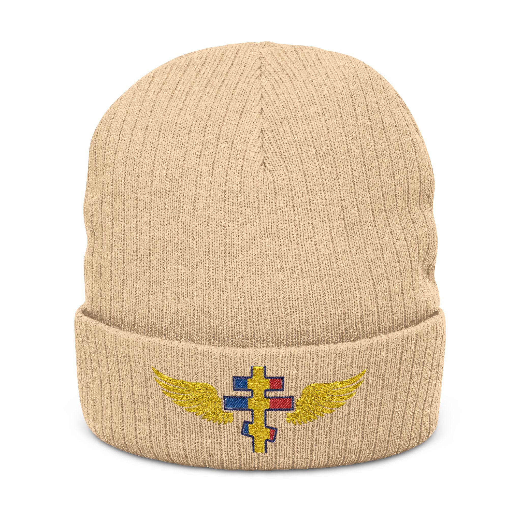 Moldovan Orthodox cross with wings embroidered on ribbed knit beanie -- additional view 2