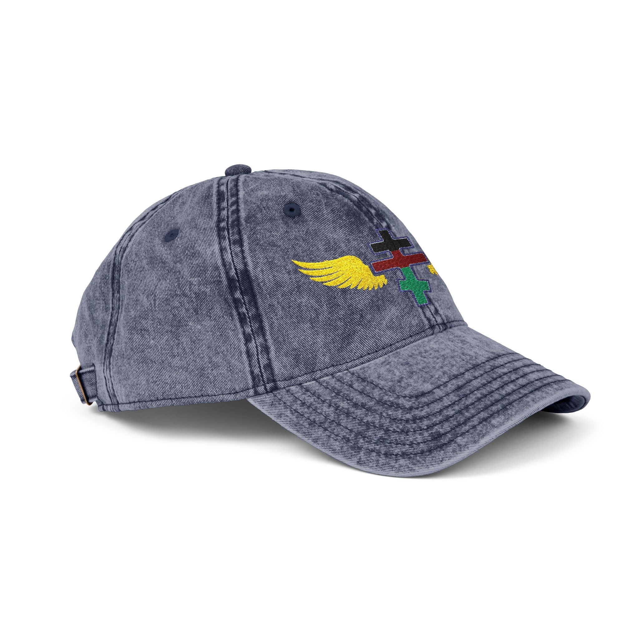 Kenyan Orthodox cross with wings embroidered on vintage cotton twill cap -- additional view 11