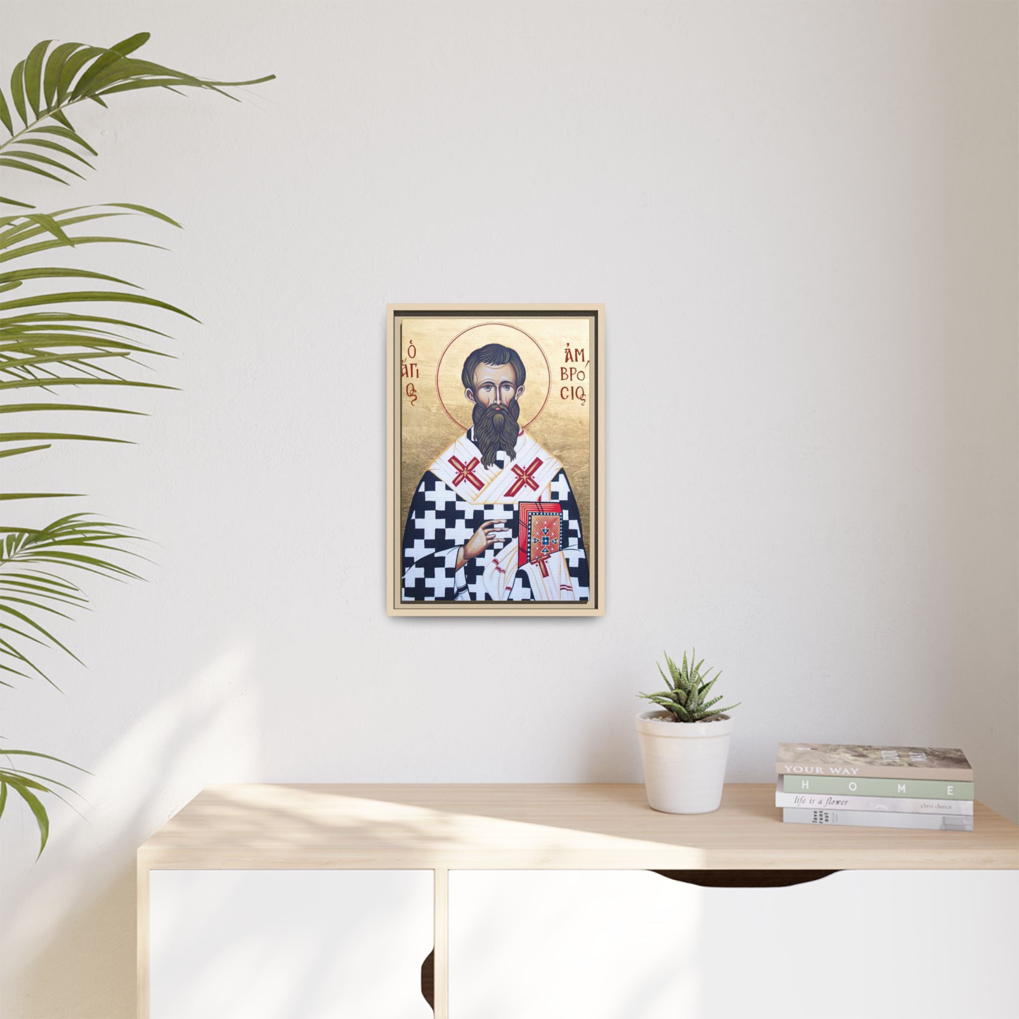Framed canvas icon of Saint Ambrose of Milan, traditional Orthodox Christian artwork
