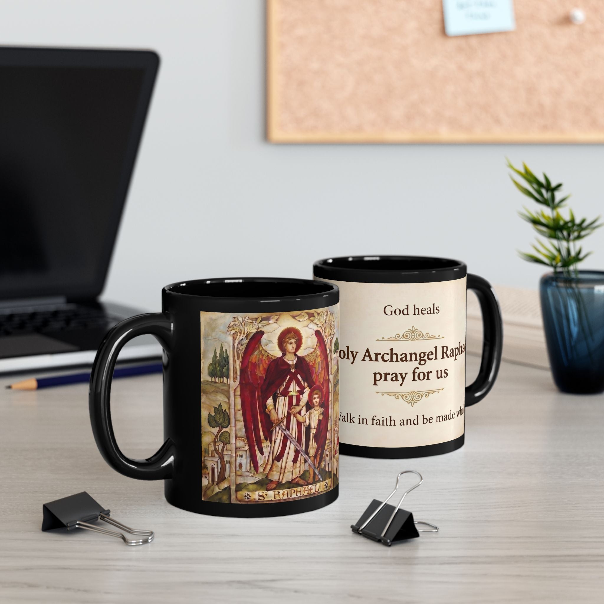 Archangel Raphael Orthodox Christian Black Coffee Mug — Christian Gift Idea
