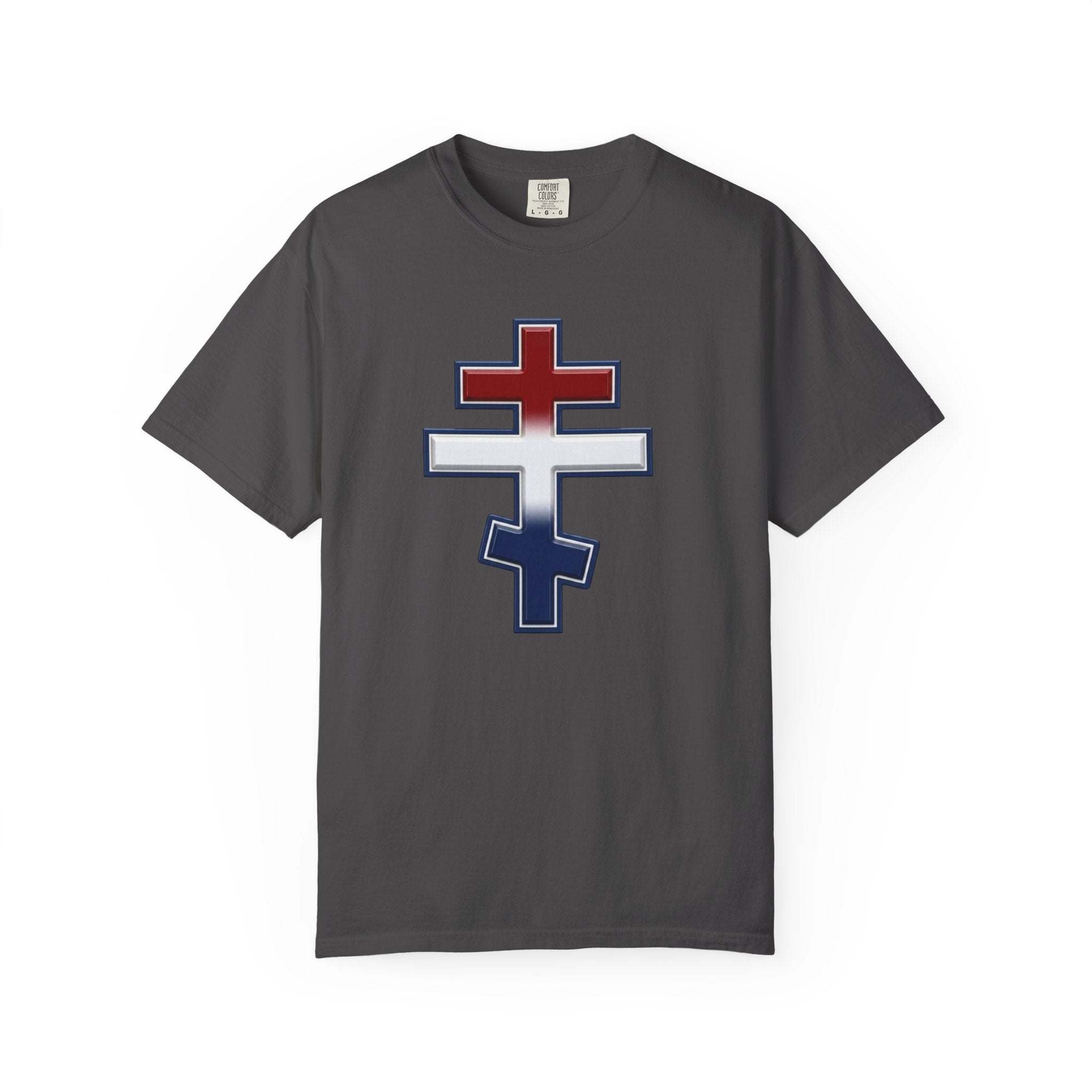 United States Orthodox Cross design on a heavyweight garment-dyed t-shirt