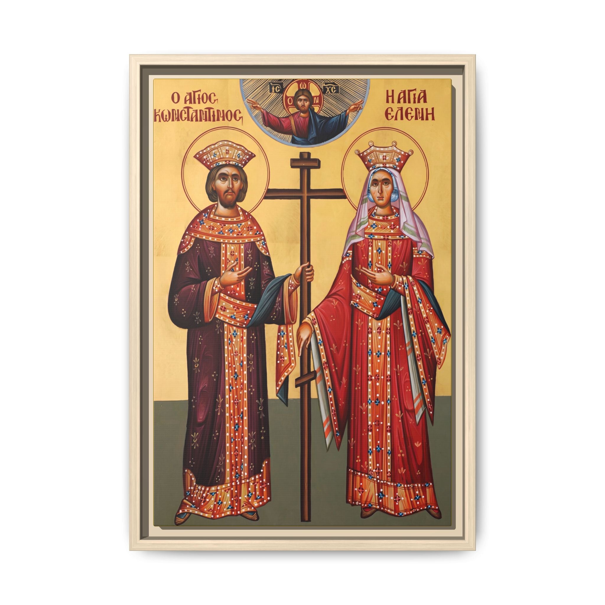 Framed canvas icon of Saint Constantine and Saint Helen, traditional Orthodox Christian artwork
