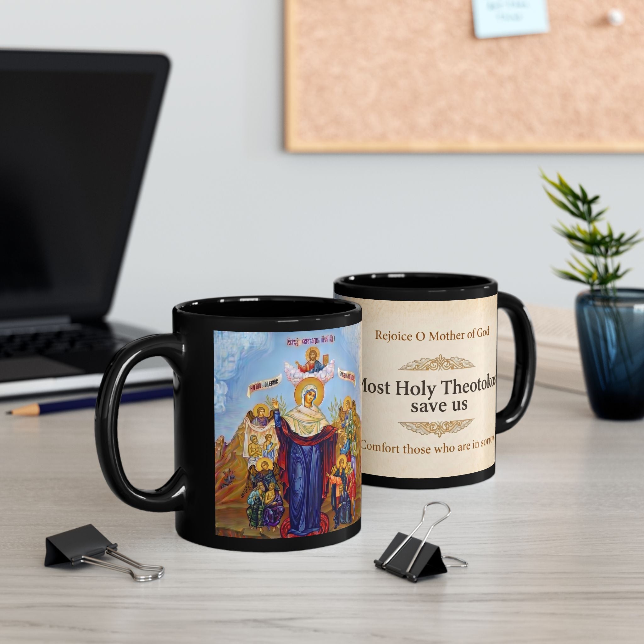 Theotokos Joy of All Who Sorrow Orthodox Christian Black Coffee Mug — Christian Gift Idea