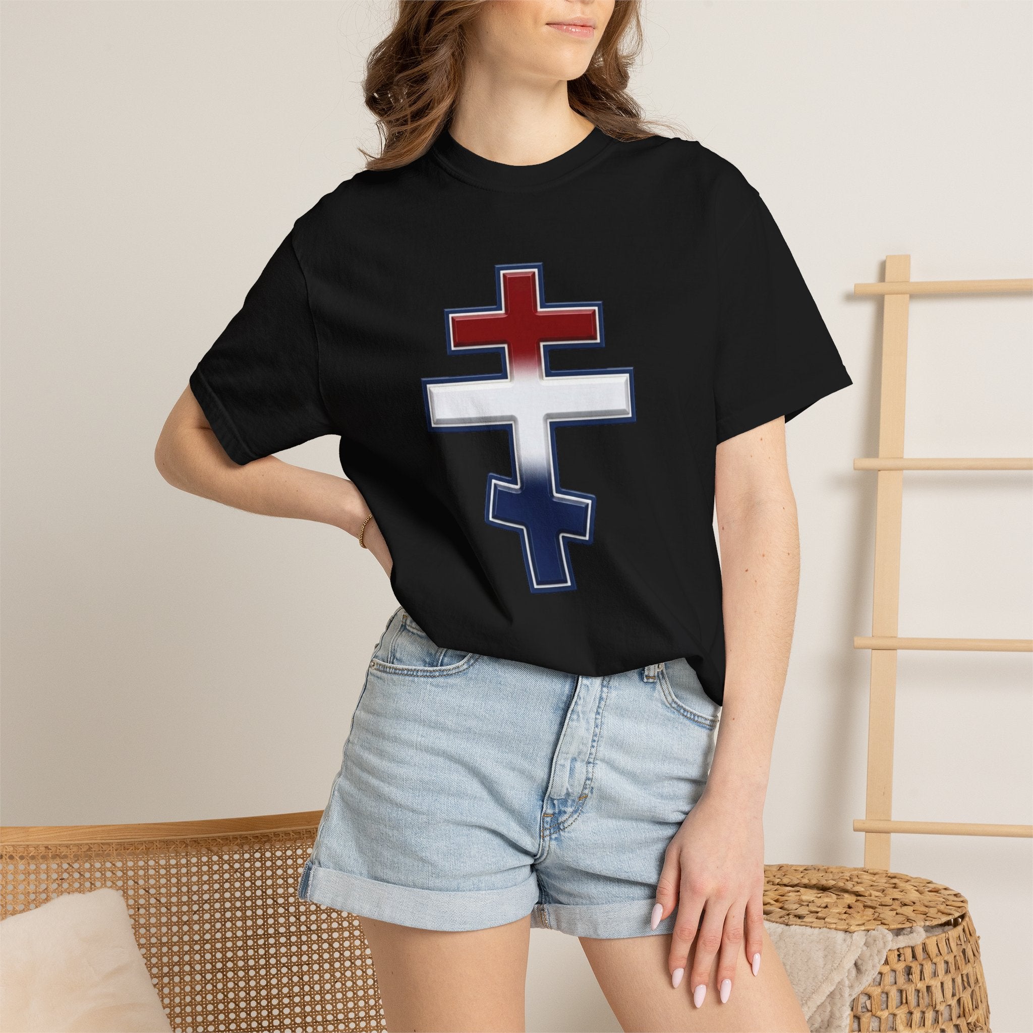 United States Orthodox Cross design on a heavyweight garment-dyed t-shirt