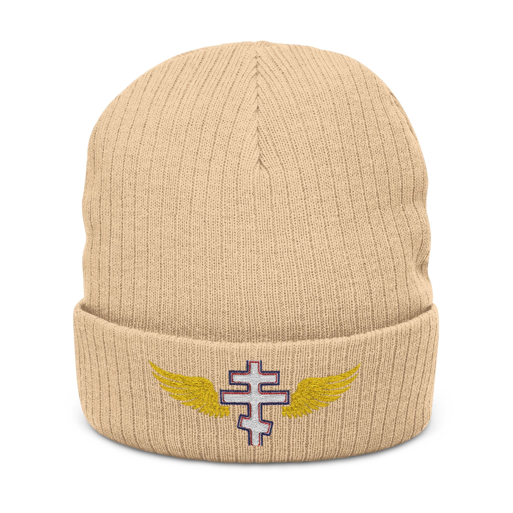 Georgian Orthodox cross with wings embroidered on ribbed knit beanie -- additional view 2