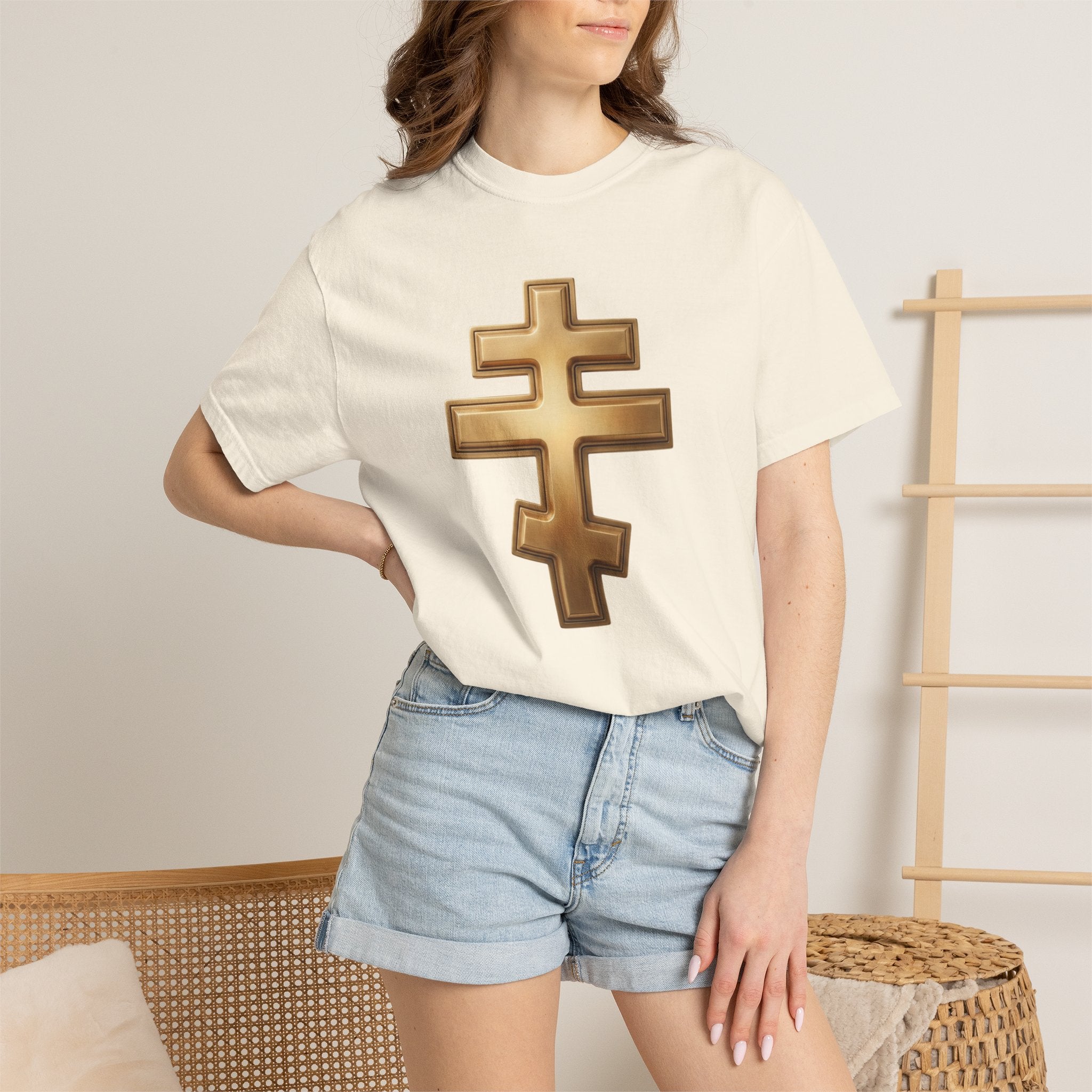 Classic gold classic Orthodox cross design on a heavyweight garment-dyed t-shirt
