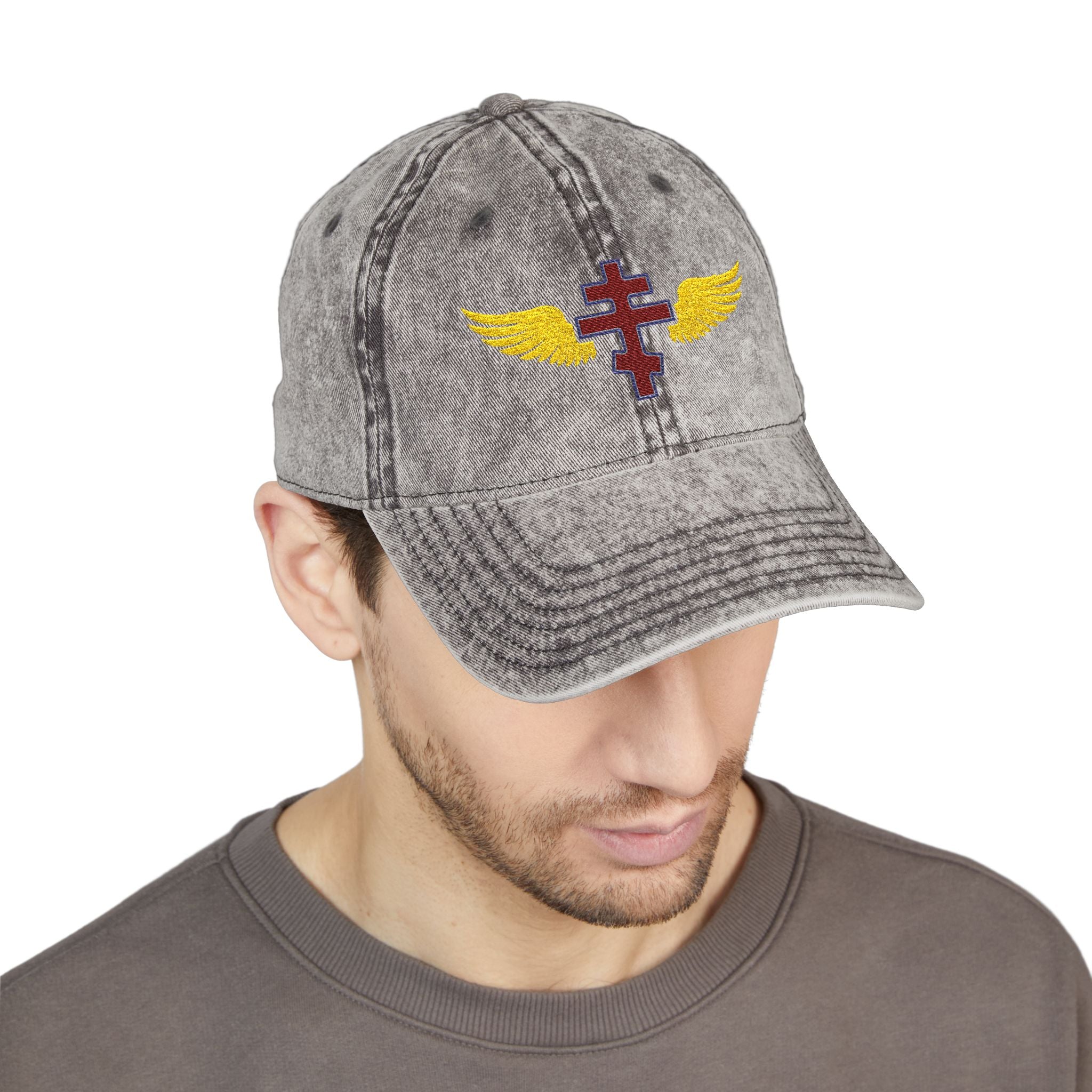 Albanian Orthodox cross with wings embroidered on vintage cotton twill cap -- additional view 10