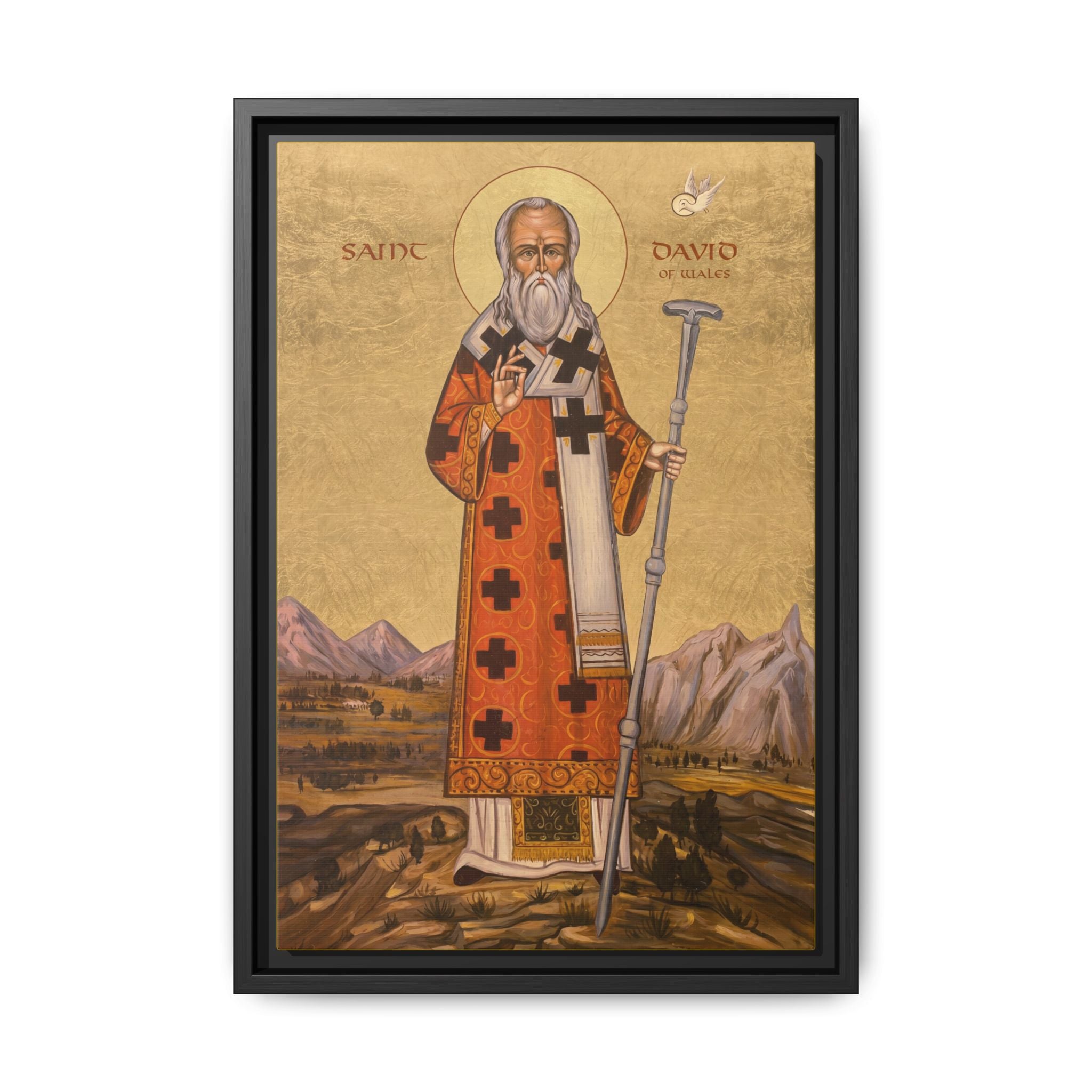 Framed canvas icon of Saint David of Wales, traditional Orthodox Christian artwork
