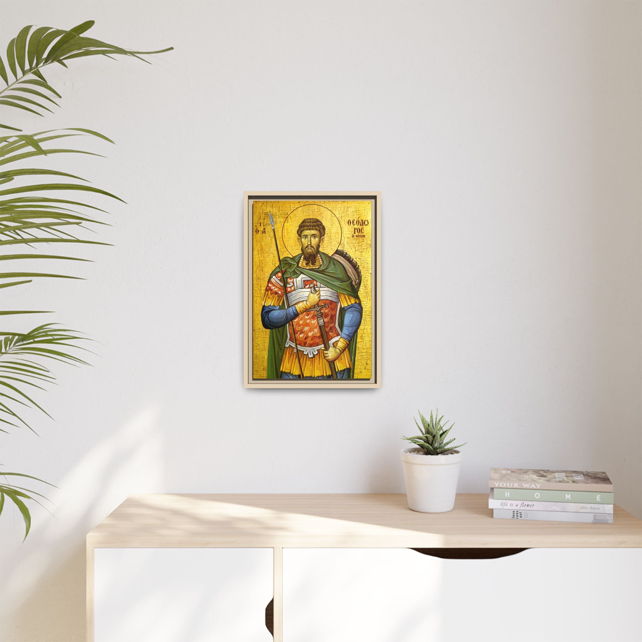 Framed canvas icon of Saint Theodore Tiron, traditional Orthodox Christian artwork