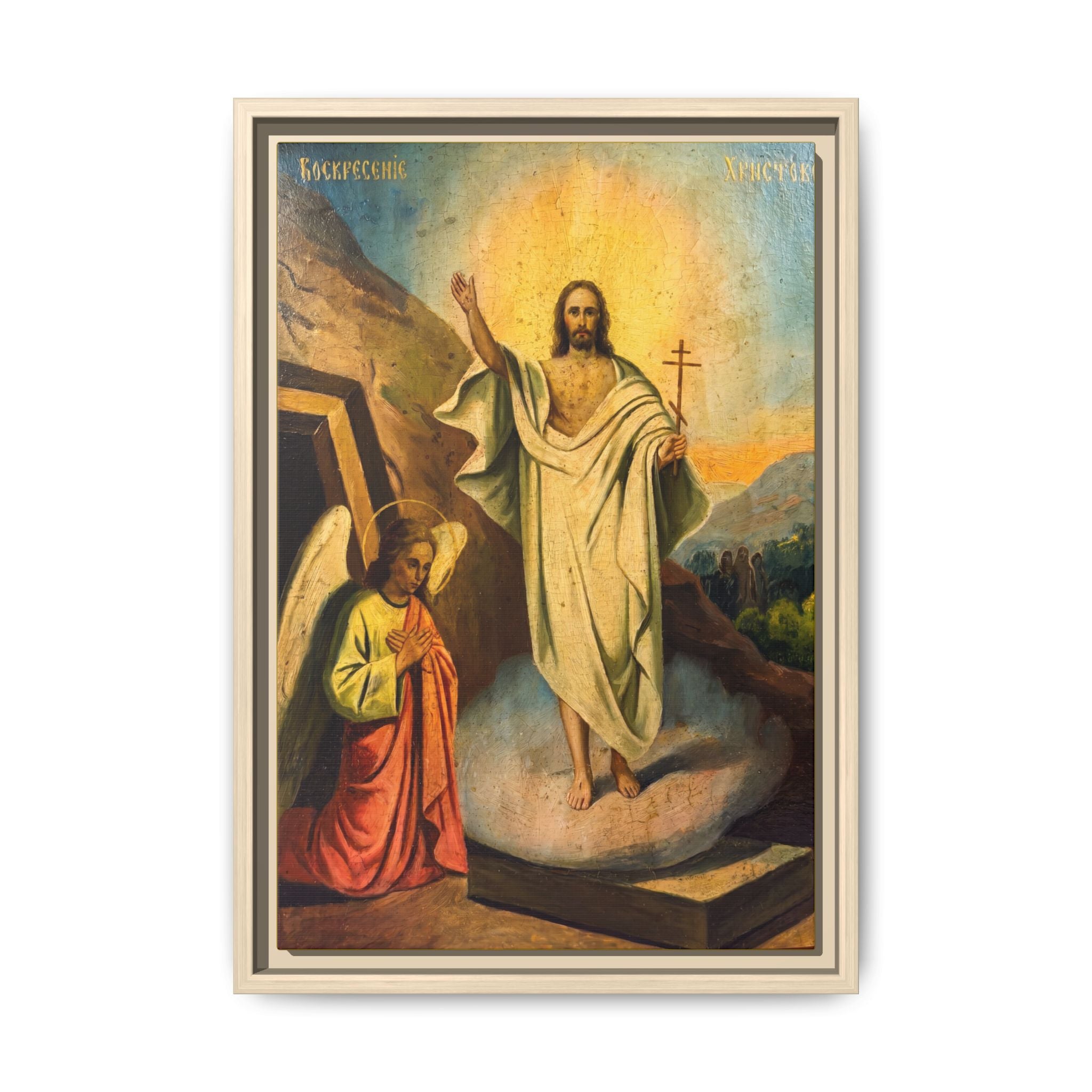 Framed canvas icon of Pascha Resurrection, traditional Orthodox Christian artwork
