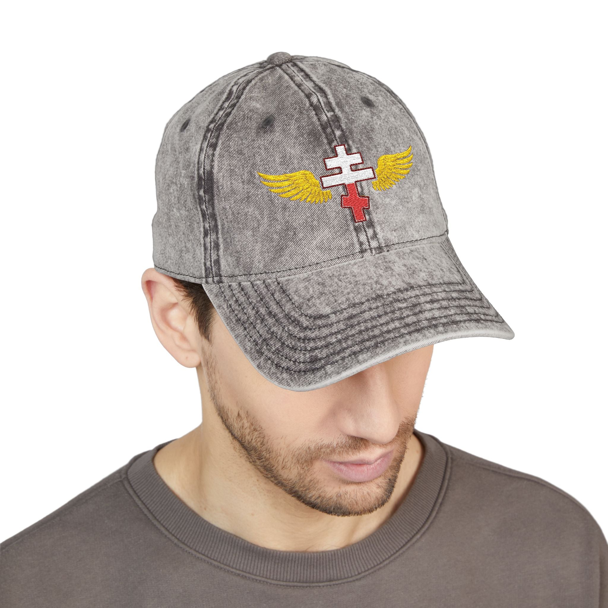 Polish Orthodox cross with wings embroidered on vintage cotton twill cap -- additional view 7