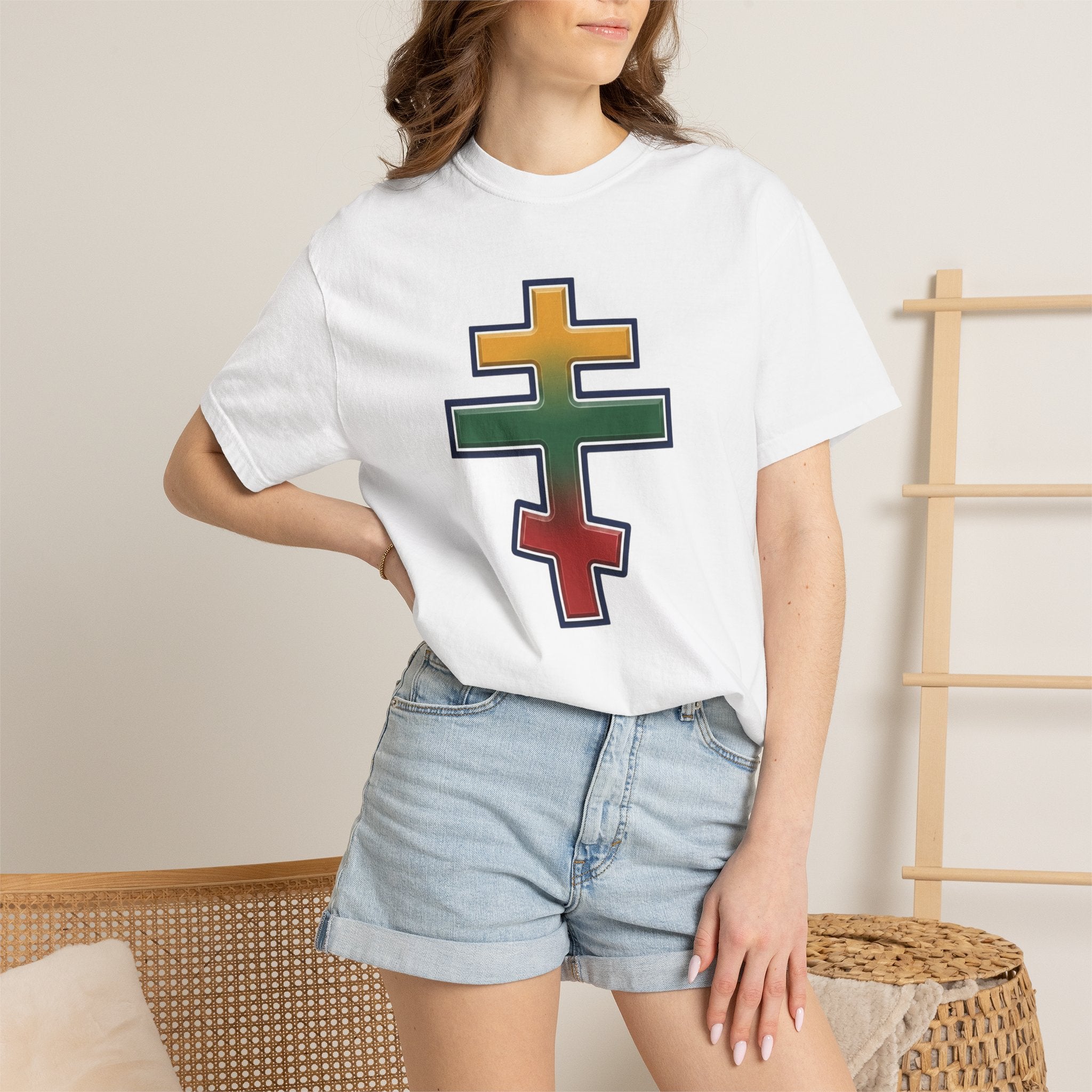 Lithuanian Orthodox Cross design on a heavyweight garment-dyed t-shirt