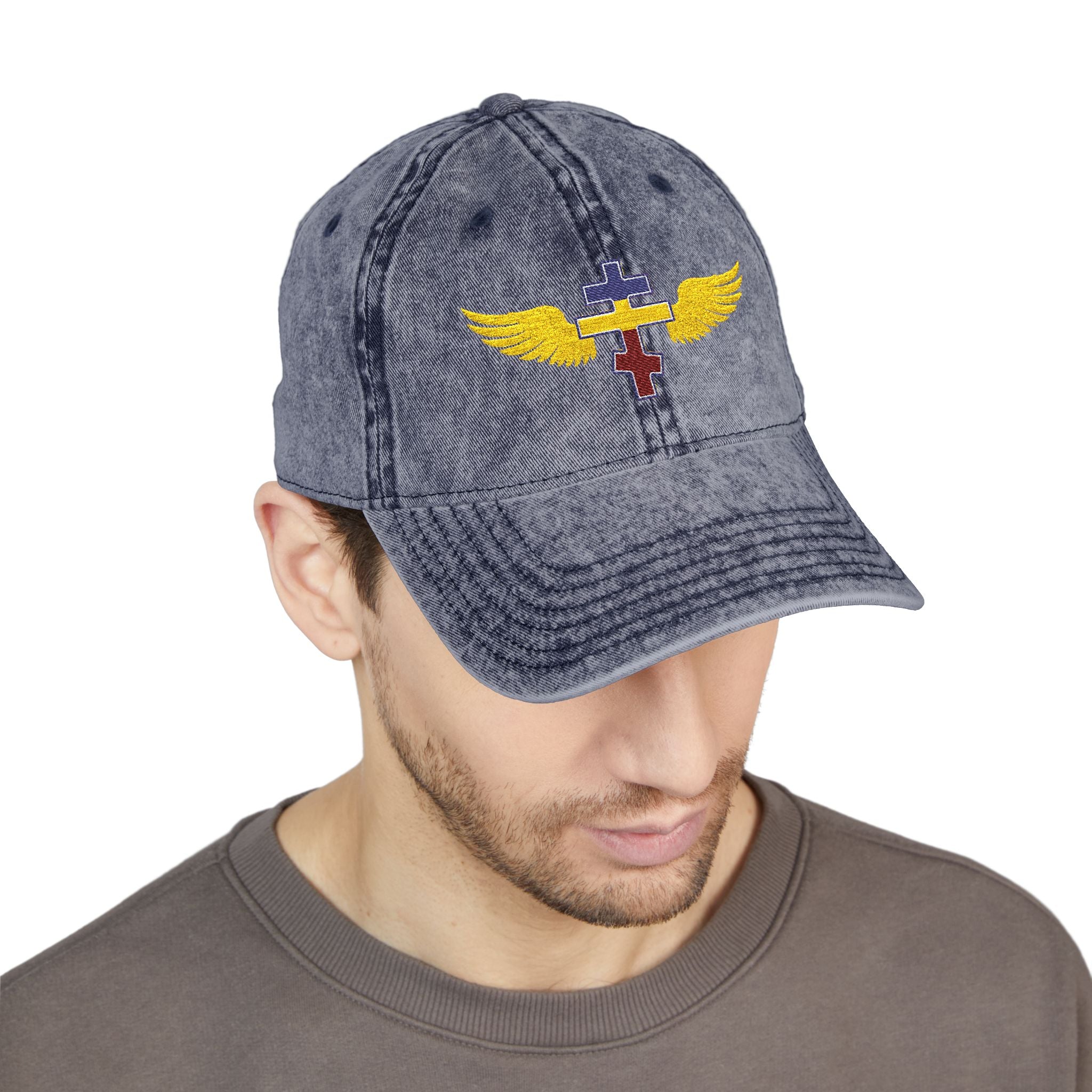 Ugandan Orthodox cross with wings embroidered on vintage cotton twill cap -- additional view 13