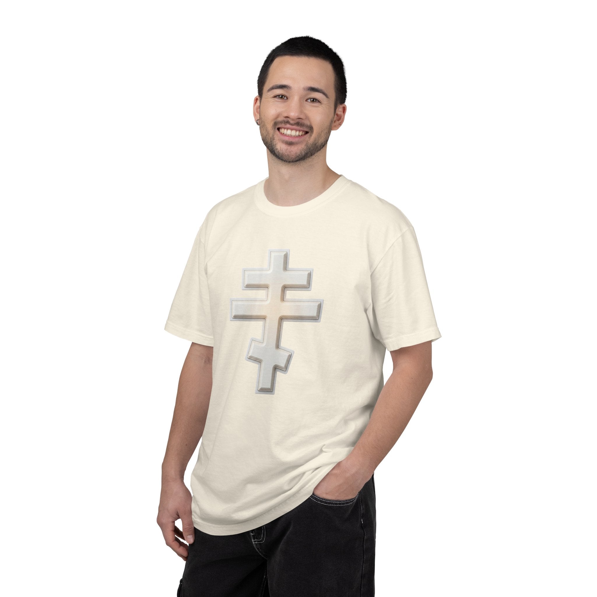 Classic white classic Orthodox cross design on a heavyweight garment-dyed t-shirt