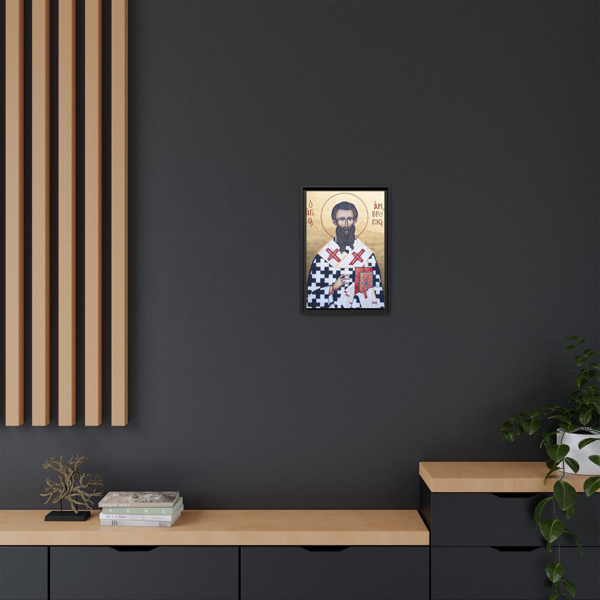 Framed canvas icon of Saint Ambrose of Milan, traditional Orthodox Christian artwork