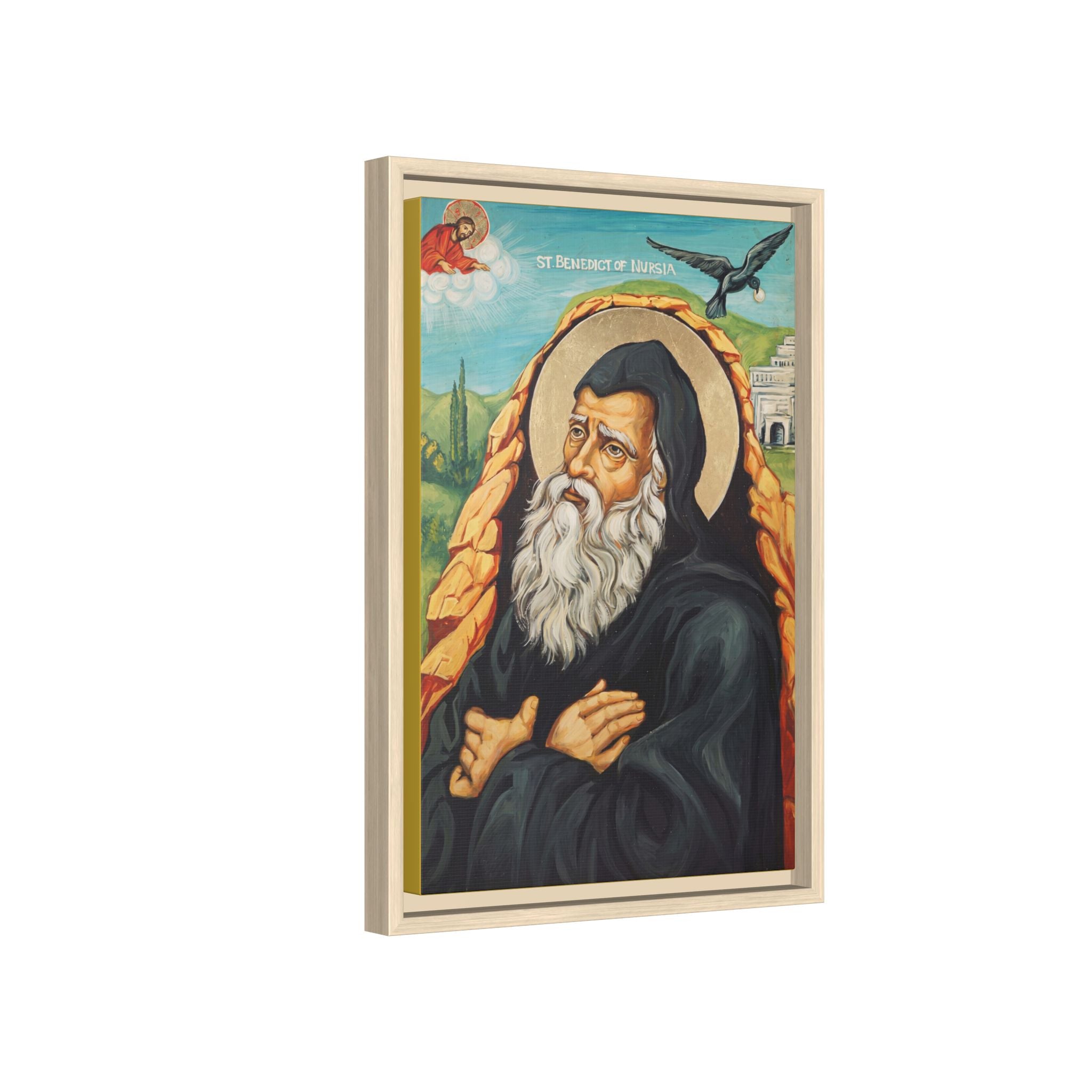 Framed canvas icon of Saint Benedict of Nursia, traditional Orthodox Christian artwork