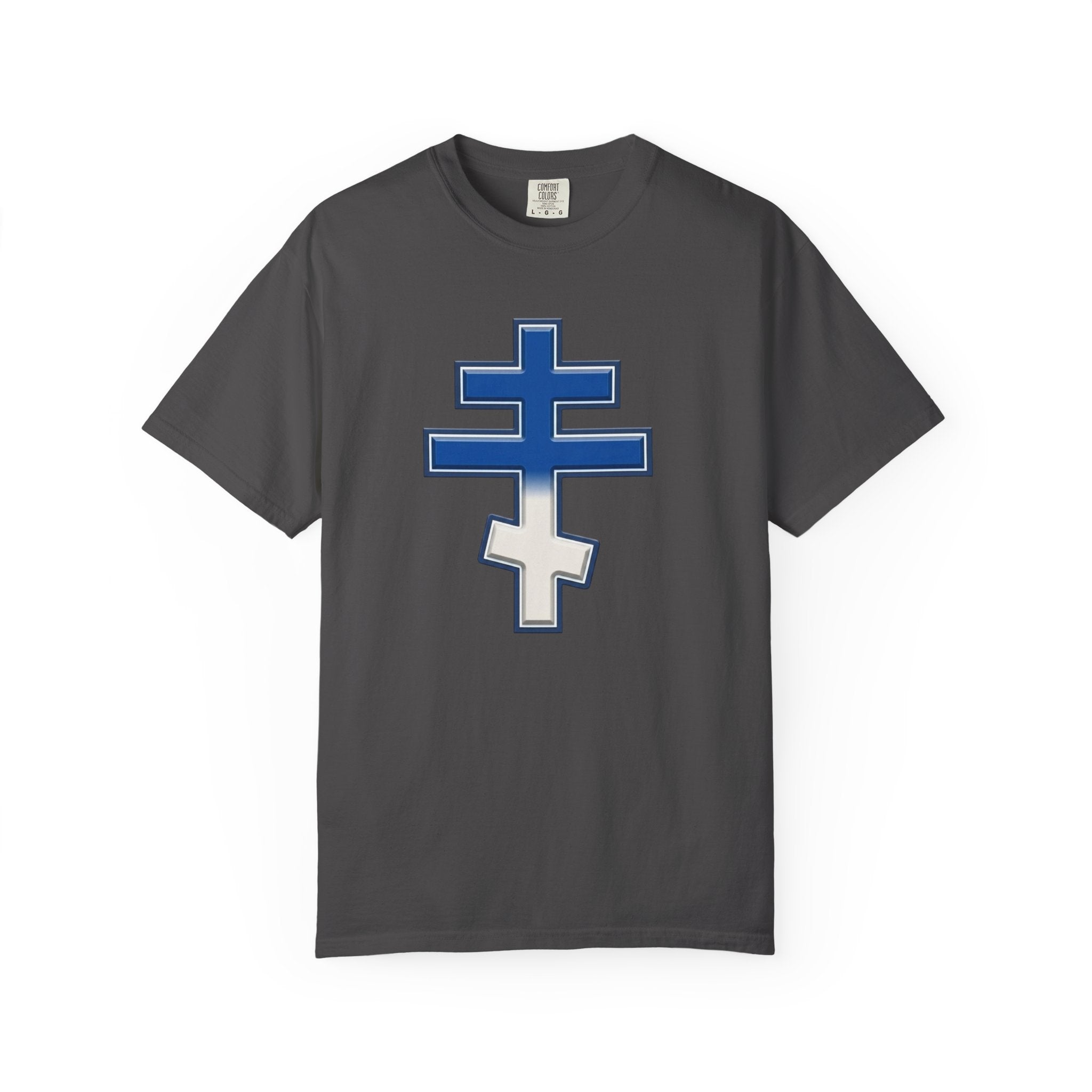 Greek Orthodox Cross design on a heavyweight garment-dyed t-shirt