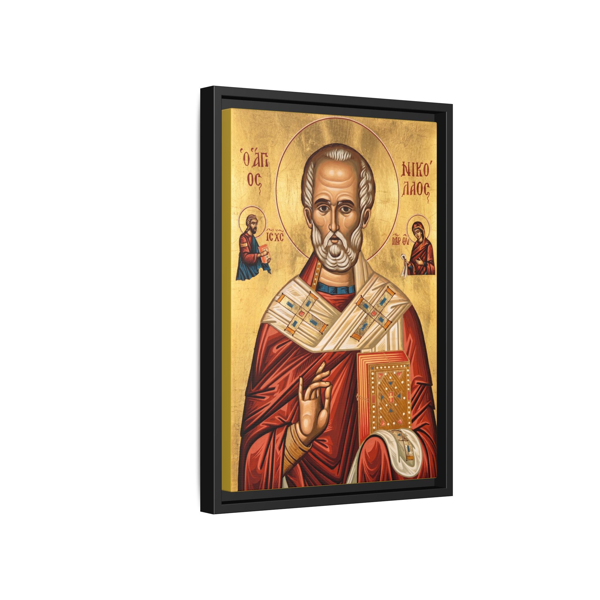 Framed canvas icon of Saint Nicholas the Wonderworker, traditional Orthodox Christian artwork
