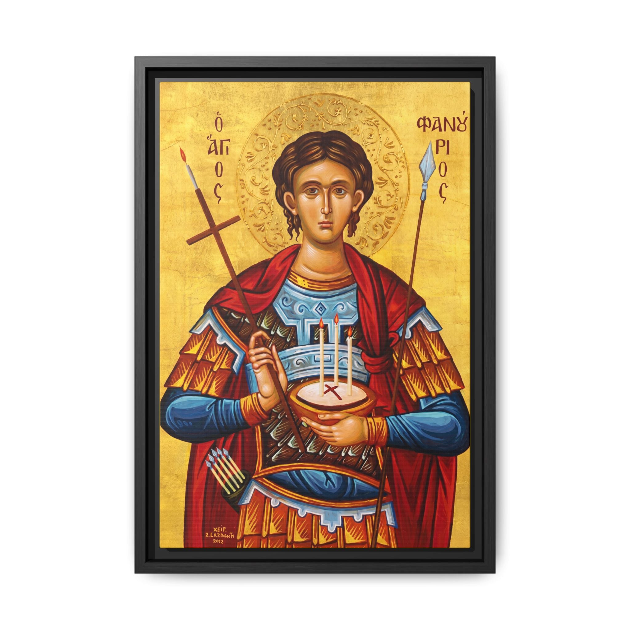Framed canvas icon of Saint Mercurius the Great Martyr, traditional Orthodox Christian artwork