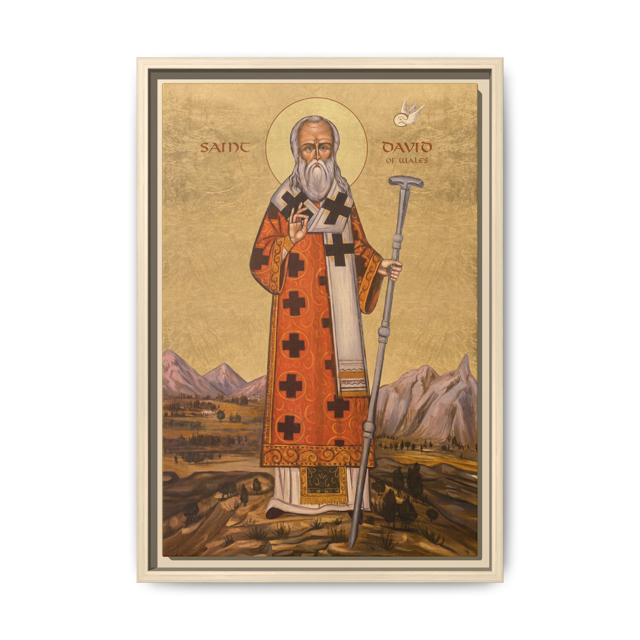 Framed canvas icon of Saint David of Wales, traditional Orthodox Christian artwork