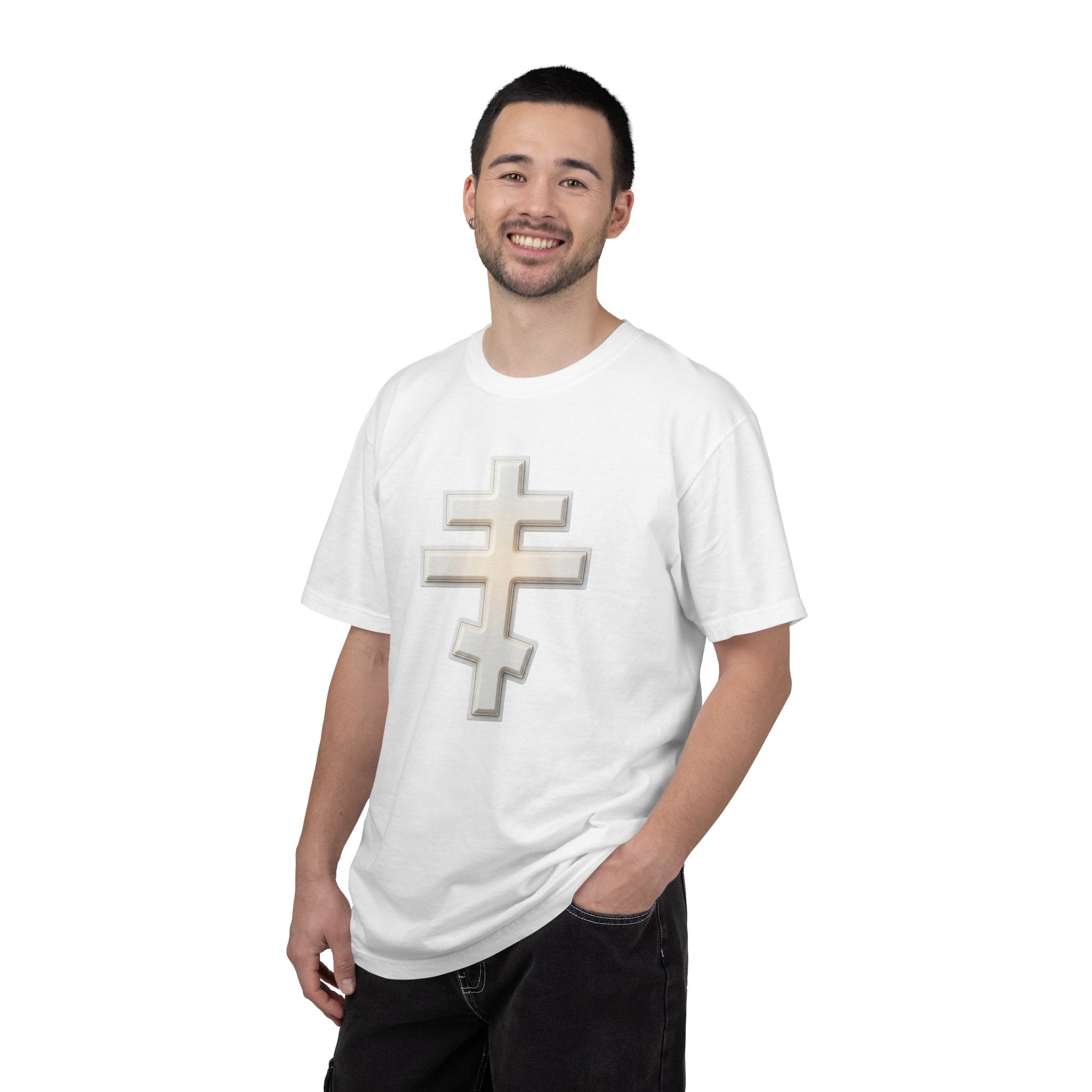 Classic white classic Orthodox cross design on a heavyweight garment-dyed t-shirt