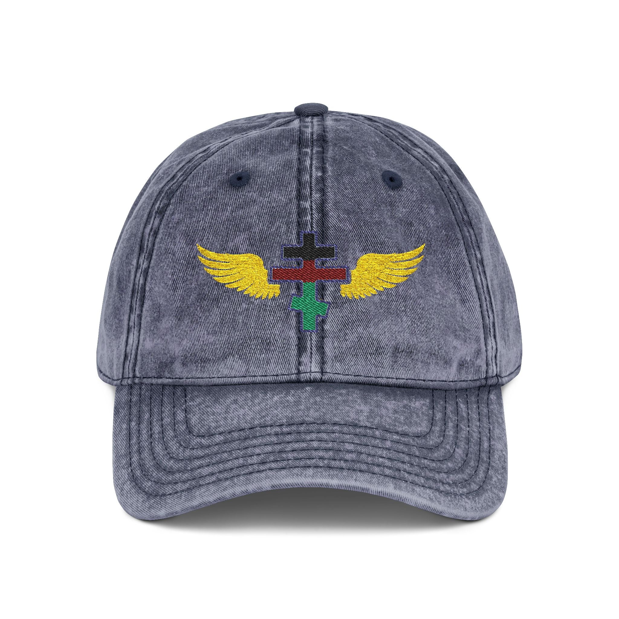 Kenyan Orthodox cross with wings embroidered on vintage cotton twill cap -- additional view 3