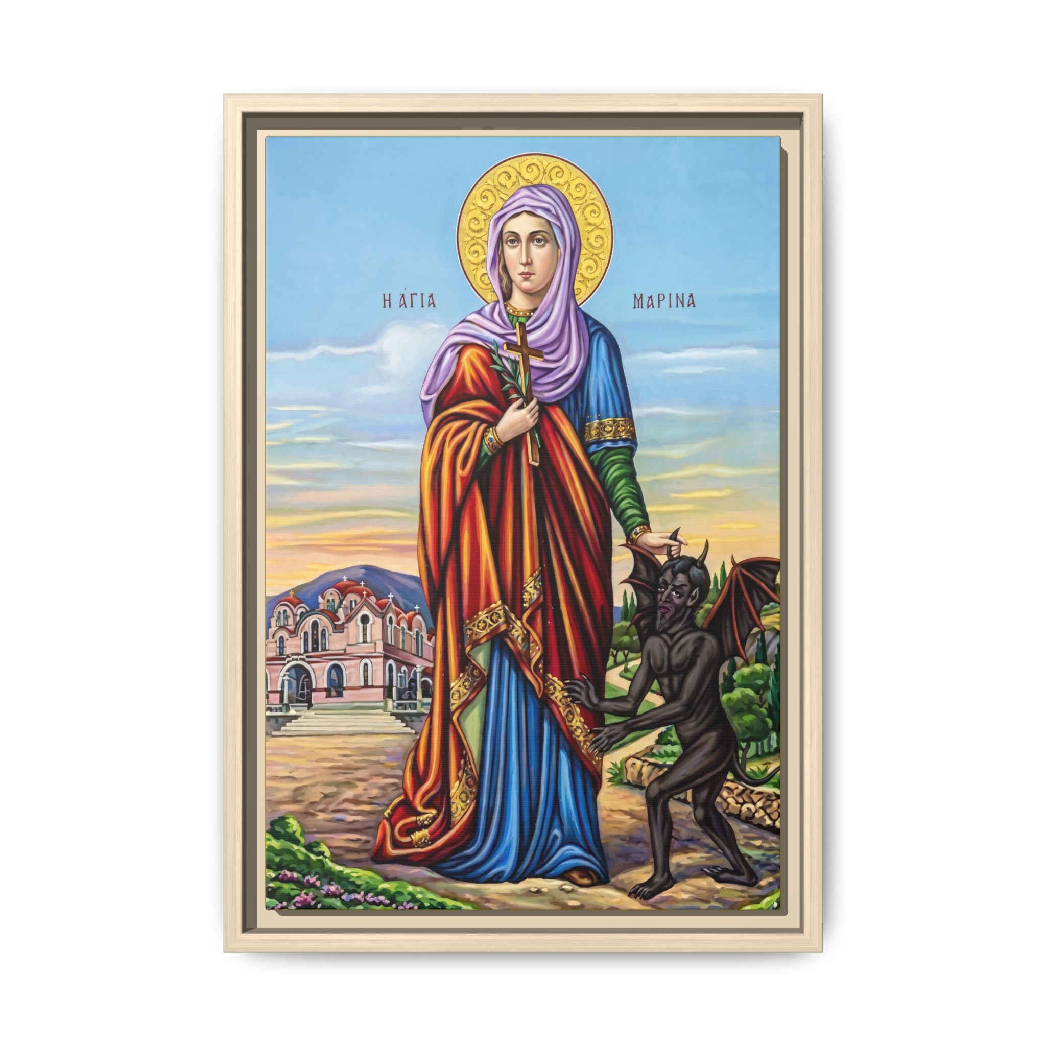 Framed canvas icon of Saint Marina the Great Martyr, traditional Orthodox Christian artwork