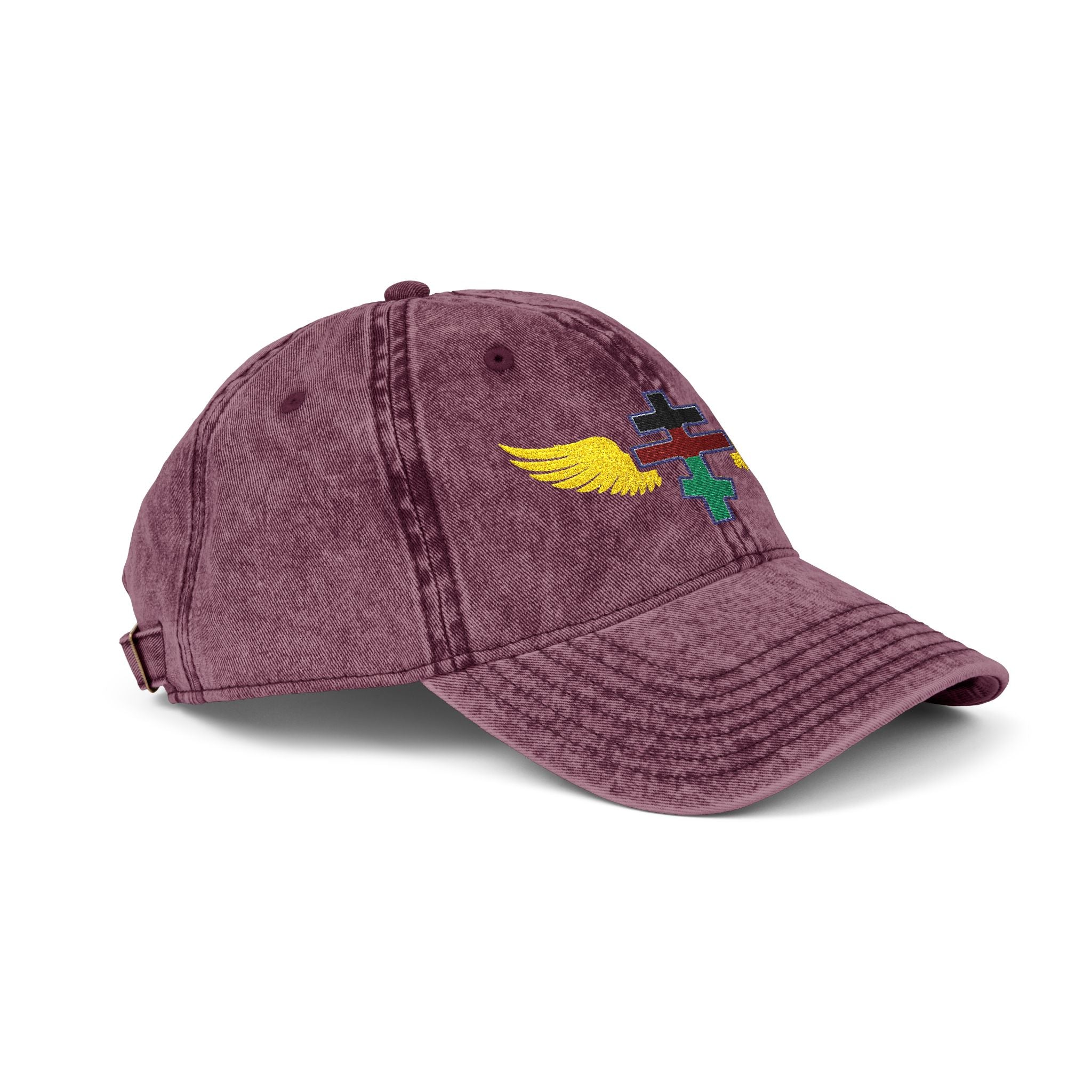 Kenyan Orthodox cross with wings embroidered on vintage cotton twill cap -- additional view 14