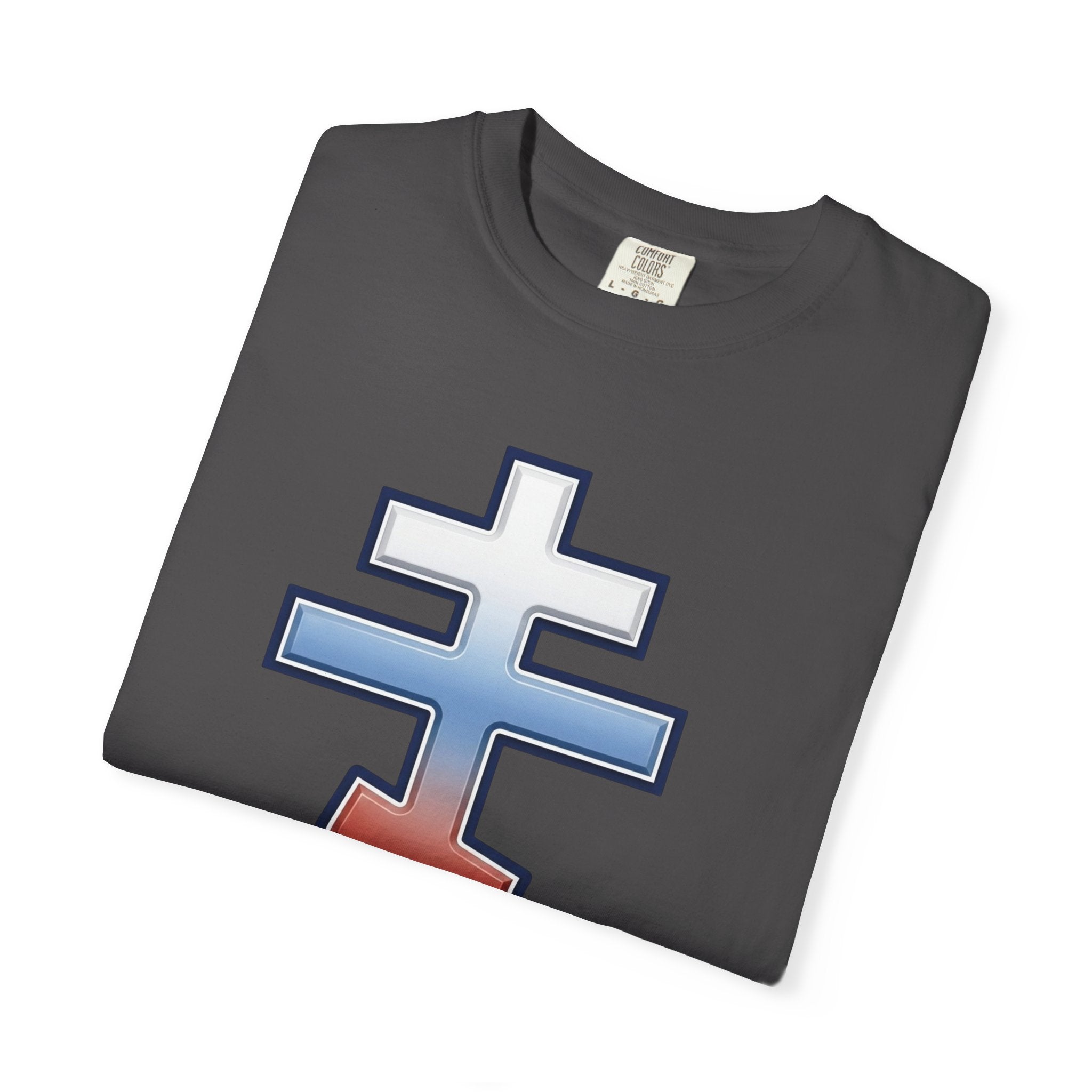 Slovak Orthodox Cross design on a heavyweight garment-dyed t-shirt