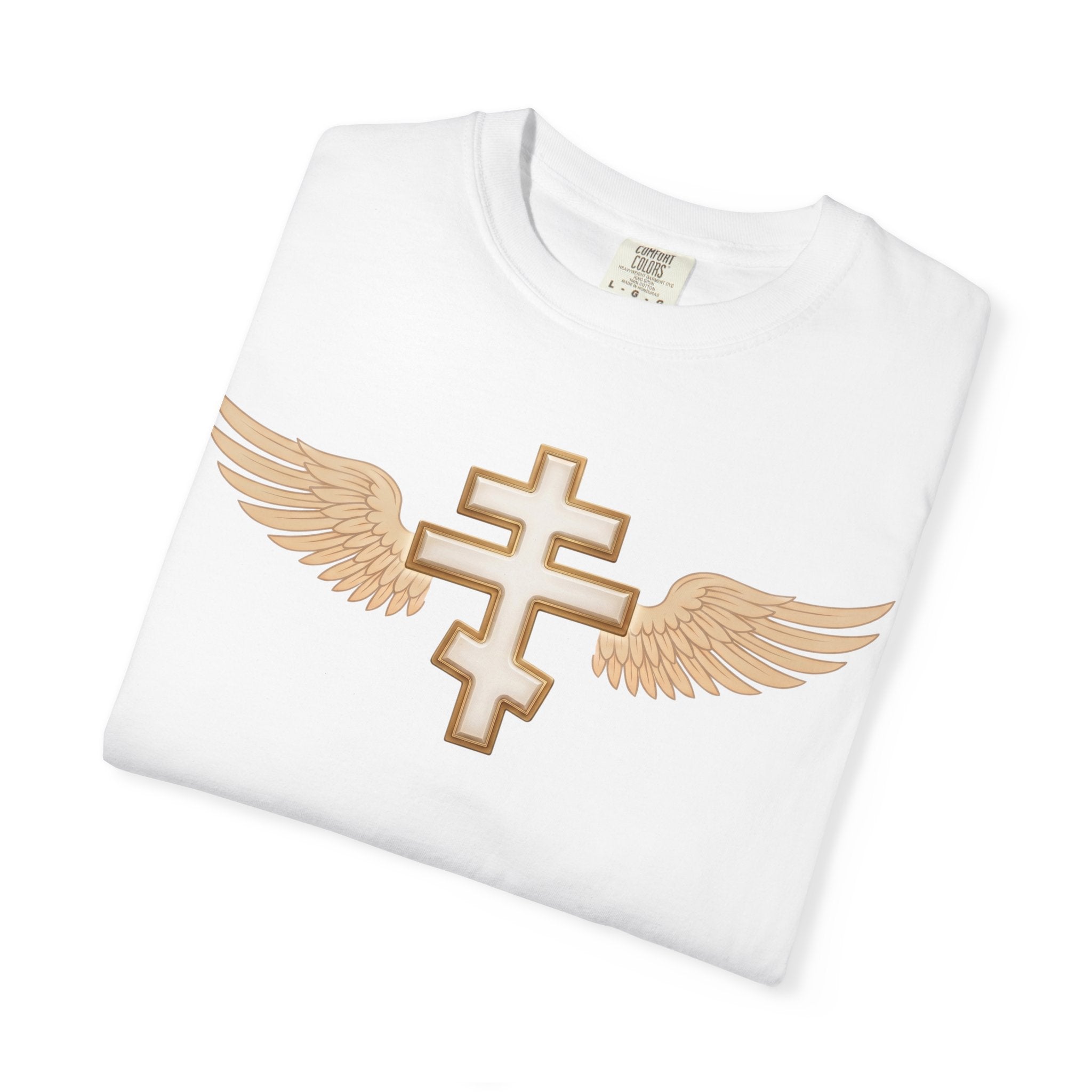 Classic white winged classic Orthodox cross design on a heavyweight garment-dyed t-shirt