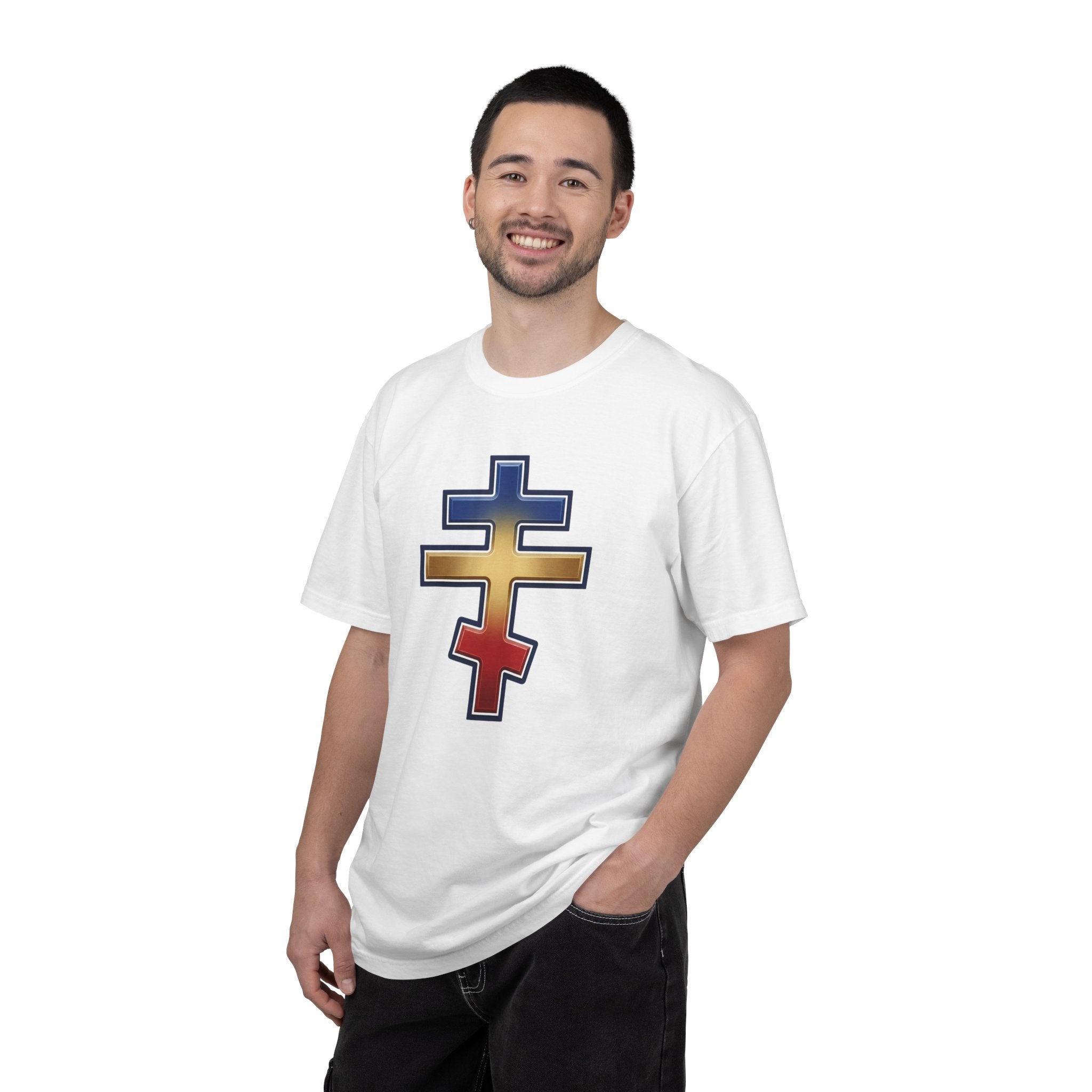 Romanian Orthodox Cross design on a heavyweight garment-dyed t-shirt