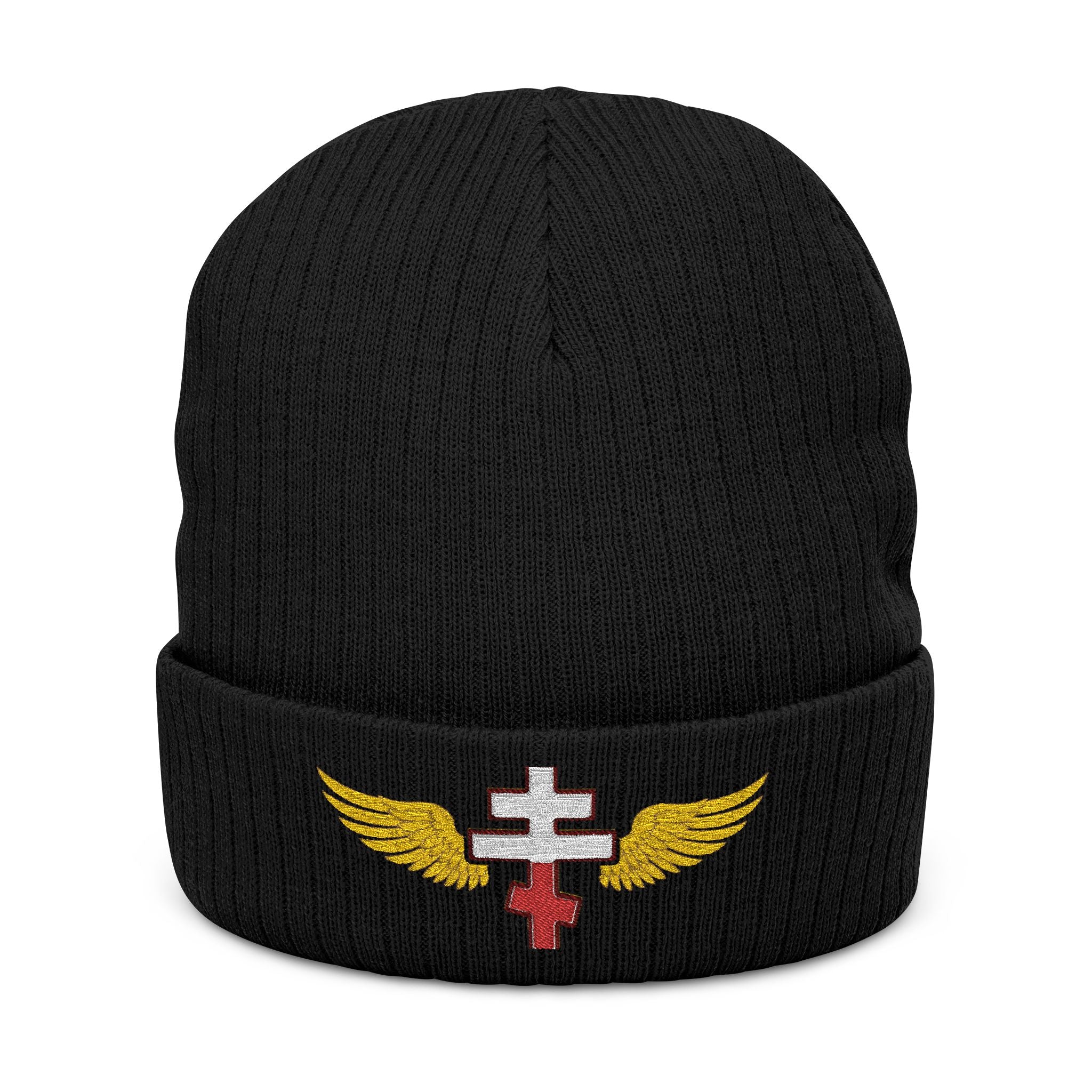 Polish Orthodox cross with wings embroidered on ribbed knit beanie